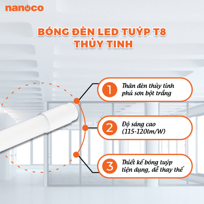 Bóng đèn LED Tuýp T8 thủy tinh Nanoco