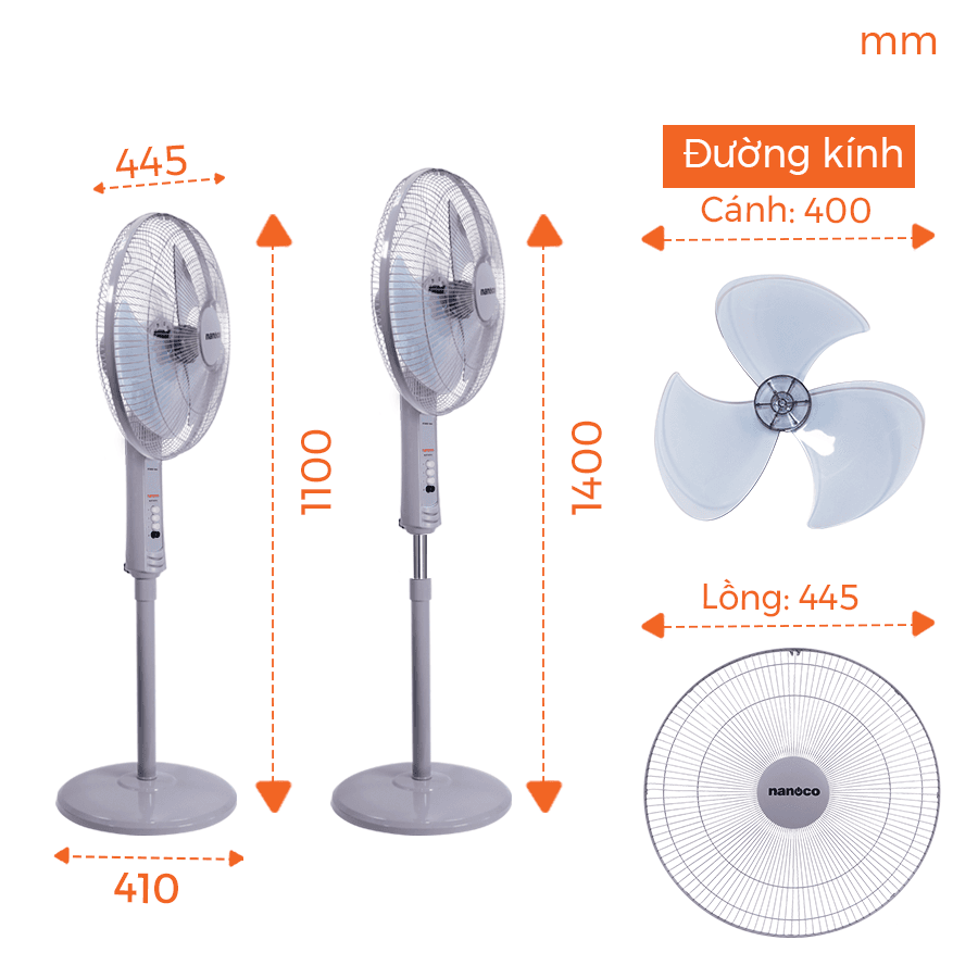 Quạt đứng Nanoco, NSF1601/1602RC, bạc đạn