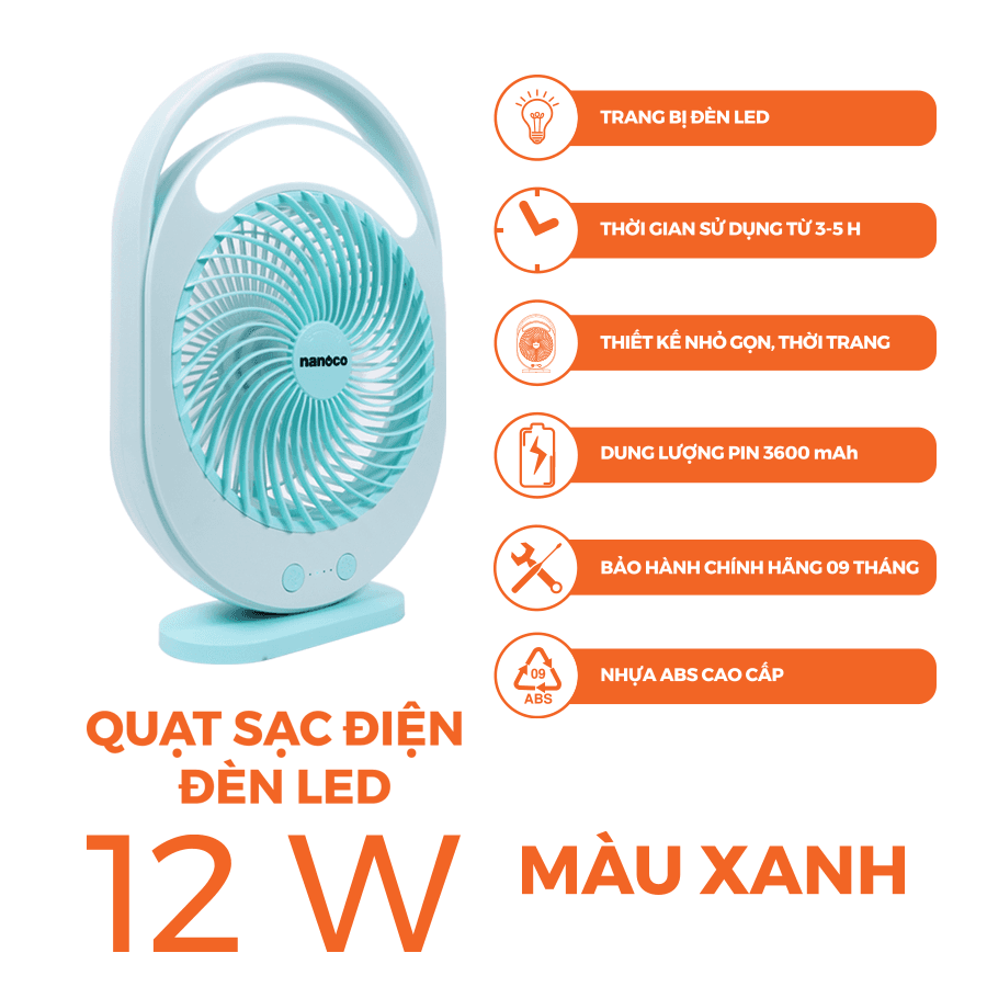 Quạt sạc hộp mini 6inch, có đèn LED