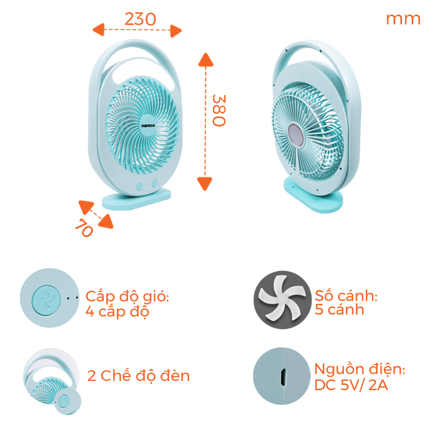 Quạt sạc hộp mini 6inch, có đèn LED