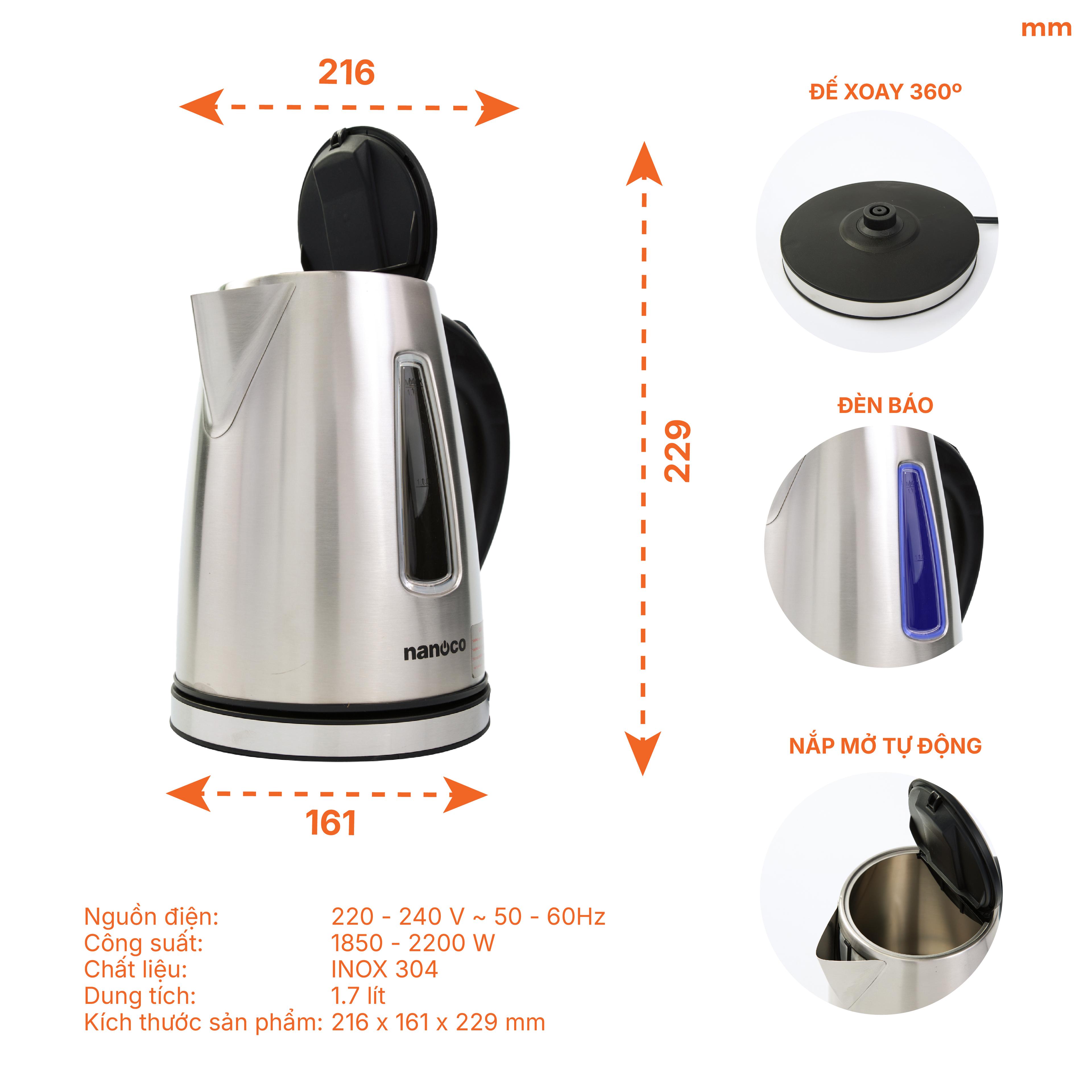 Bình đun siêu tốc inox 304,1.7L