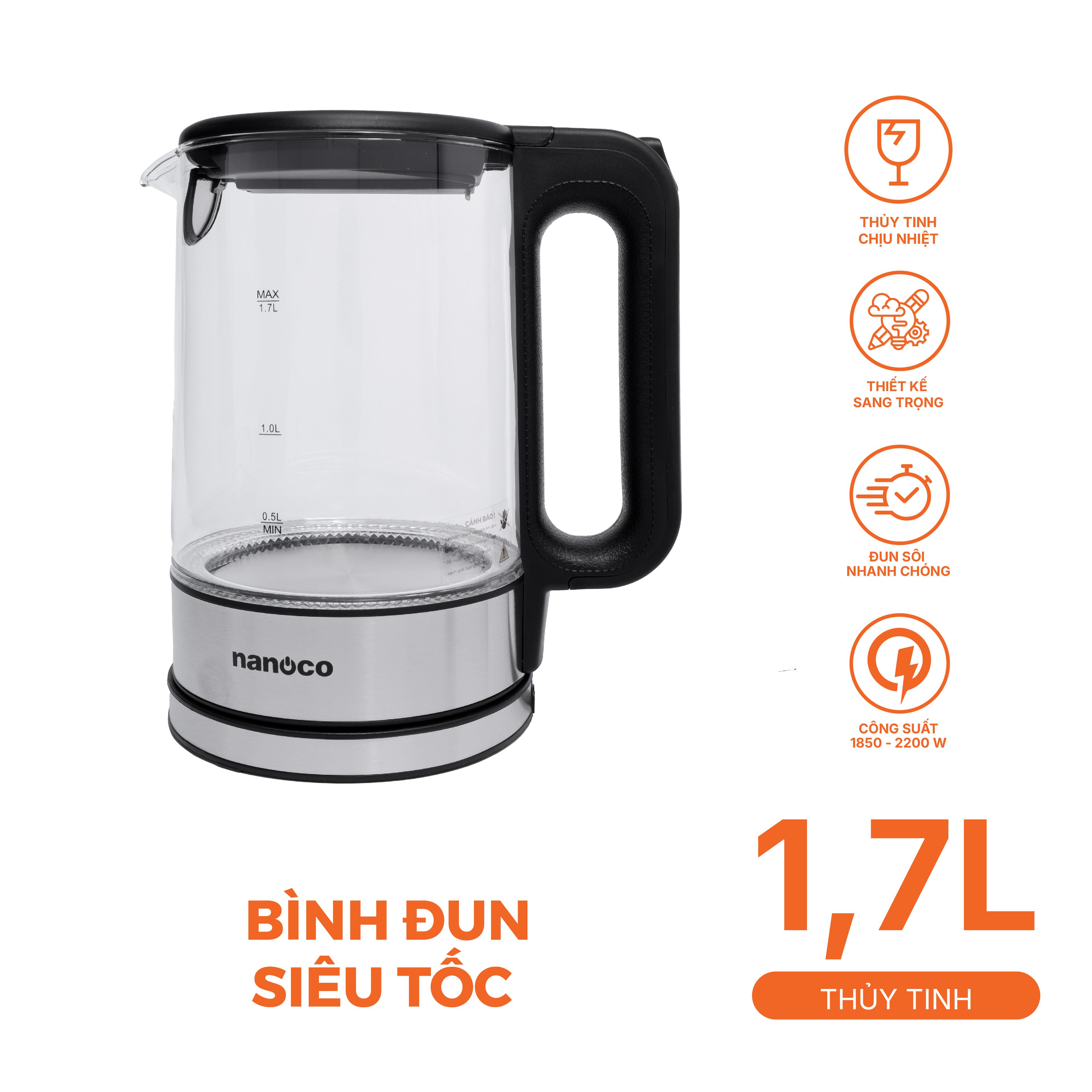 Bình đun siêu tốc thủy tinh,1.7L
