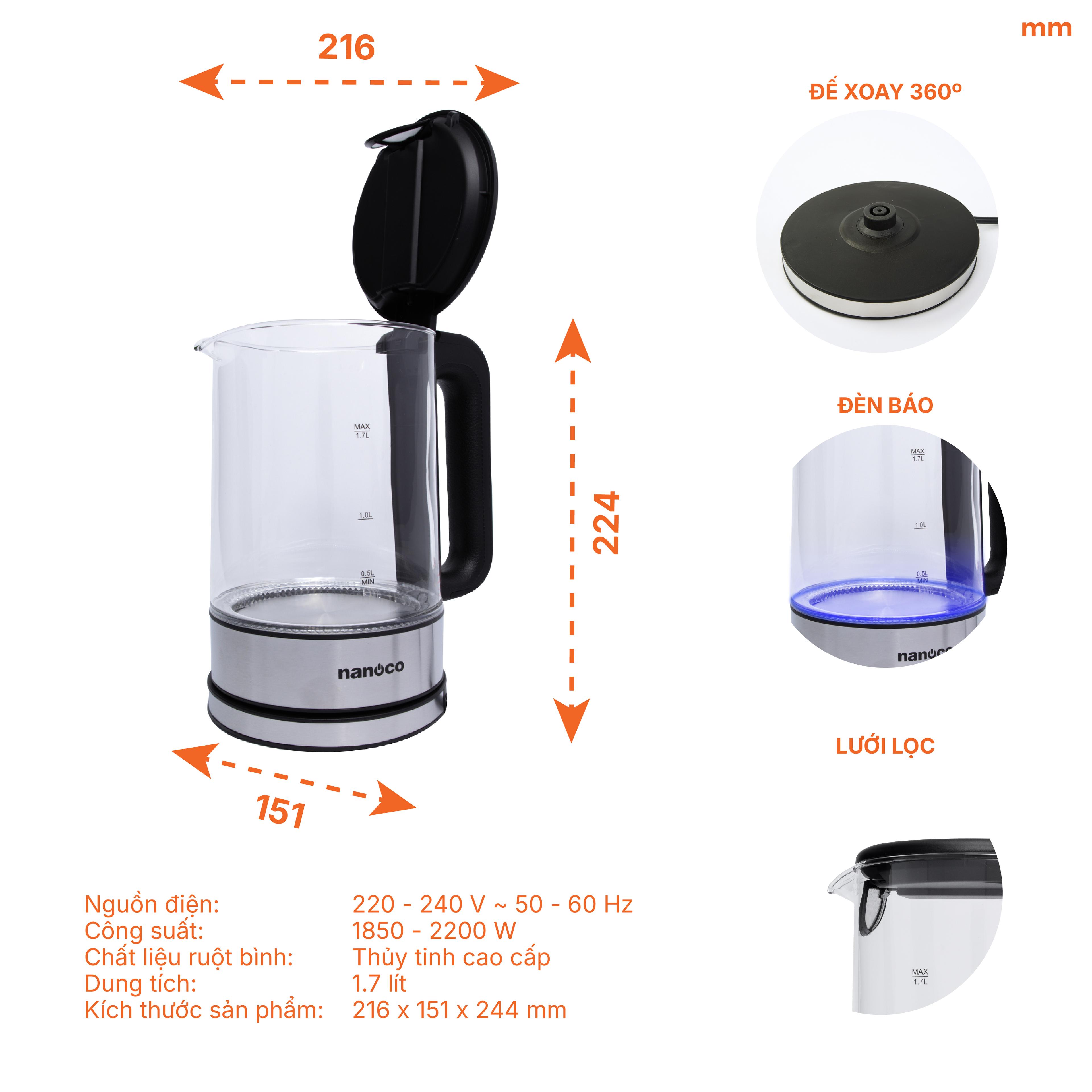 Bình đun siêu tốc thủy tinh,1.7L