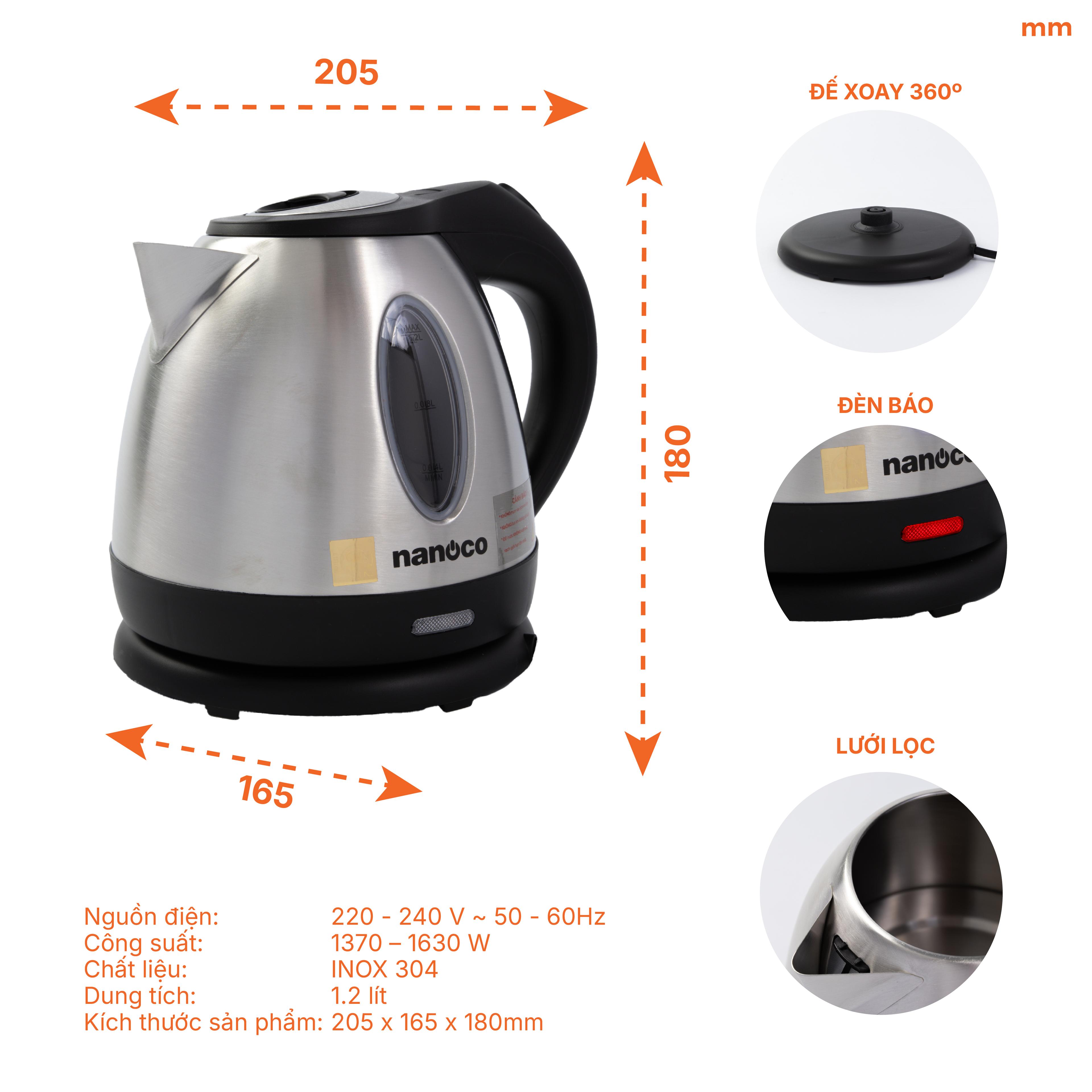 Bình đun siêu tốc 1216, inox 304,1.2L