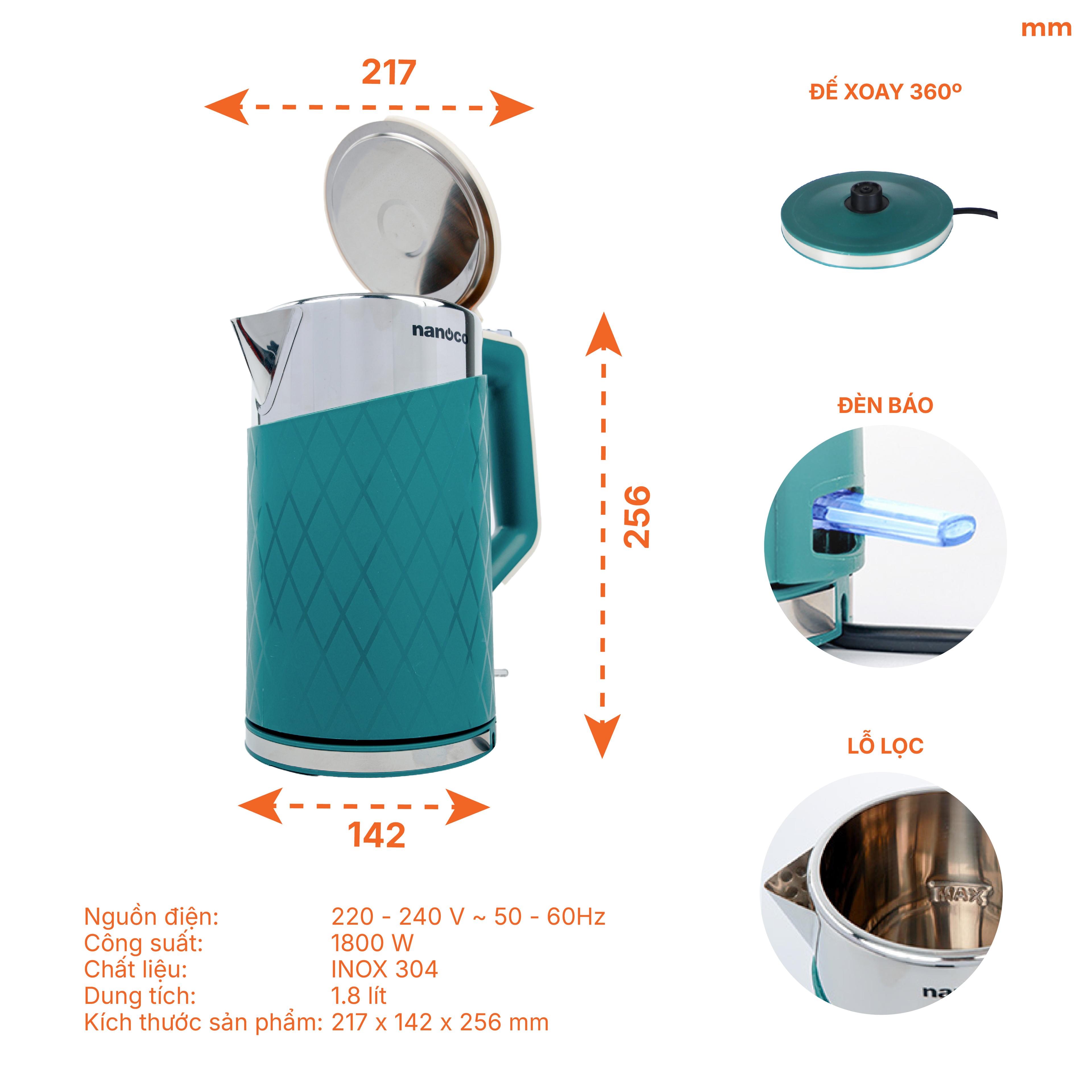 Bình đun siêu tốc inox, NKT1817