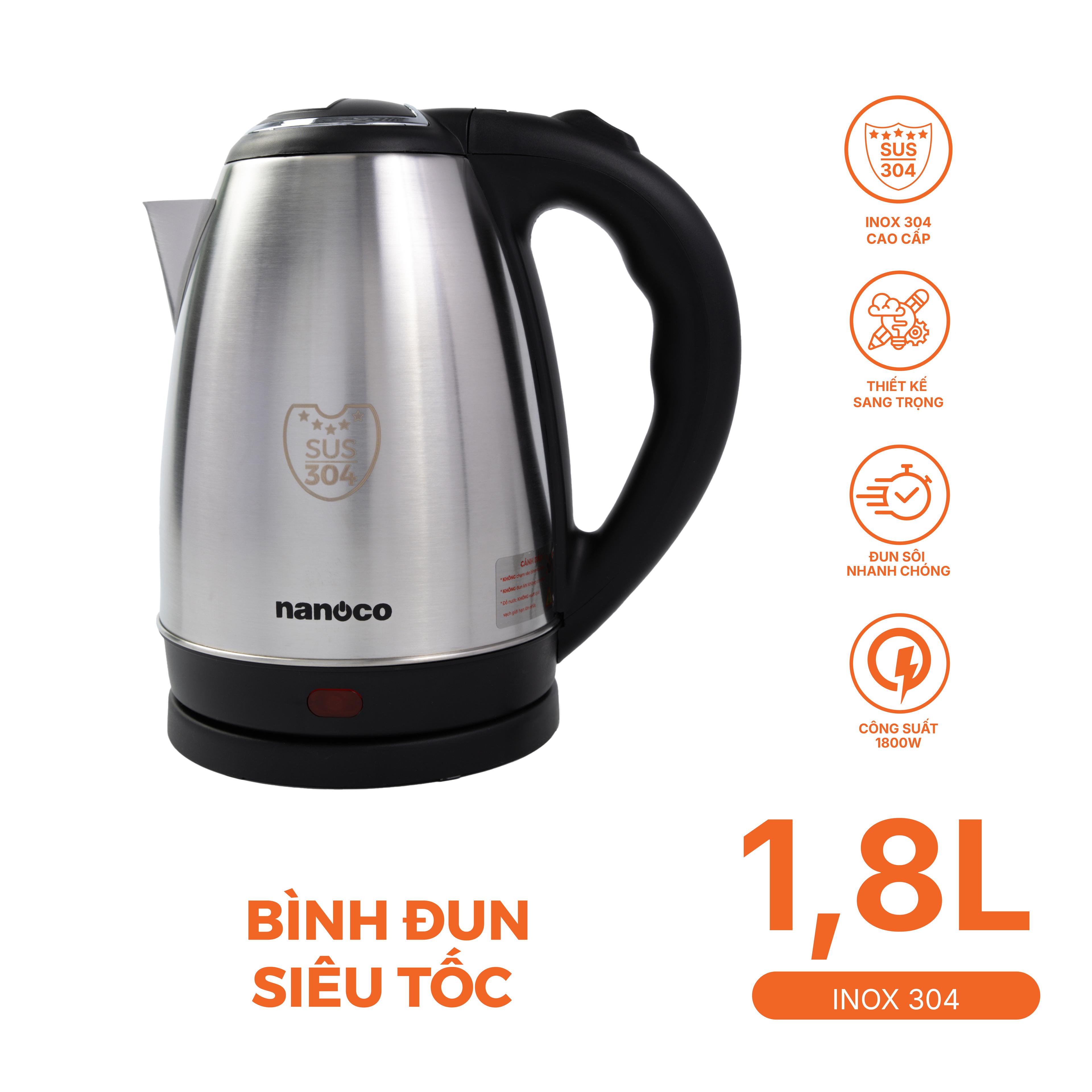 Bình đun siêu tốc inox,1.8L, nhám