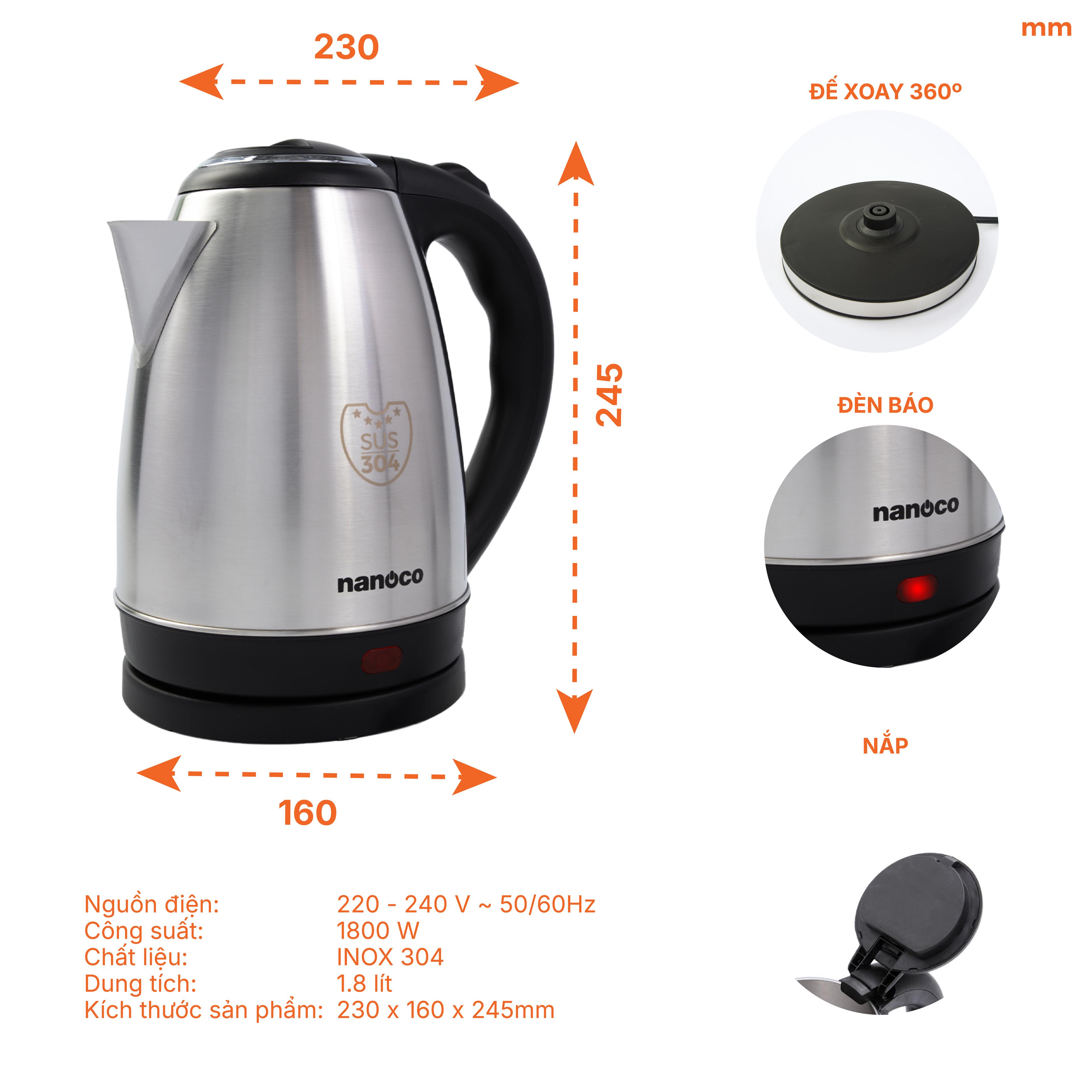 Bình đun siêu tốc inox,1.8L, nhám