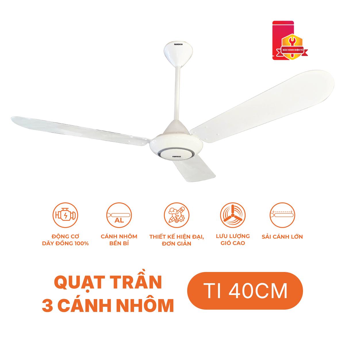 Quạt trần 3 cánh nhôm, ti 40 cm