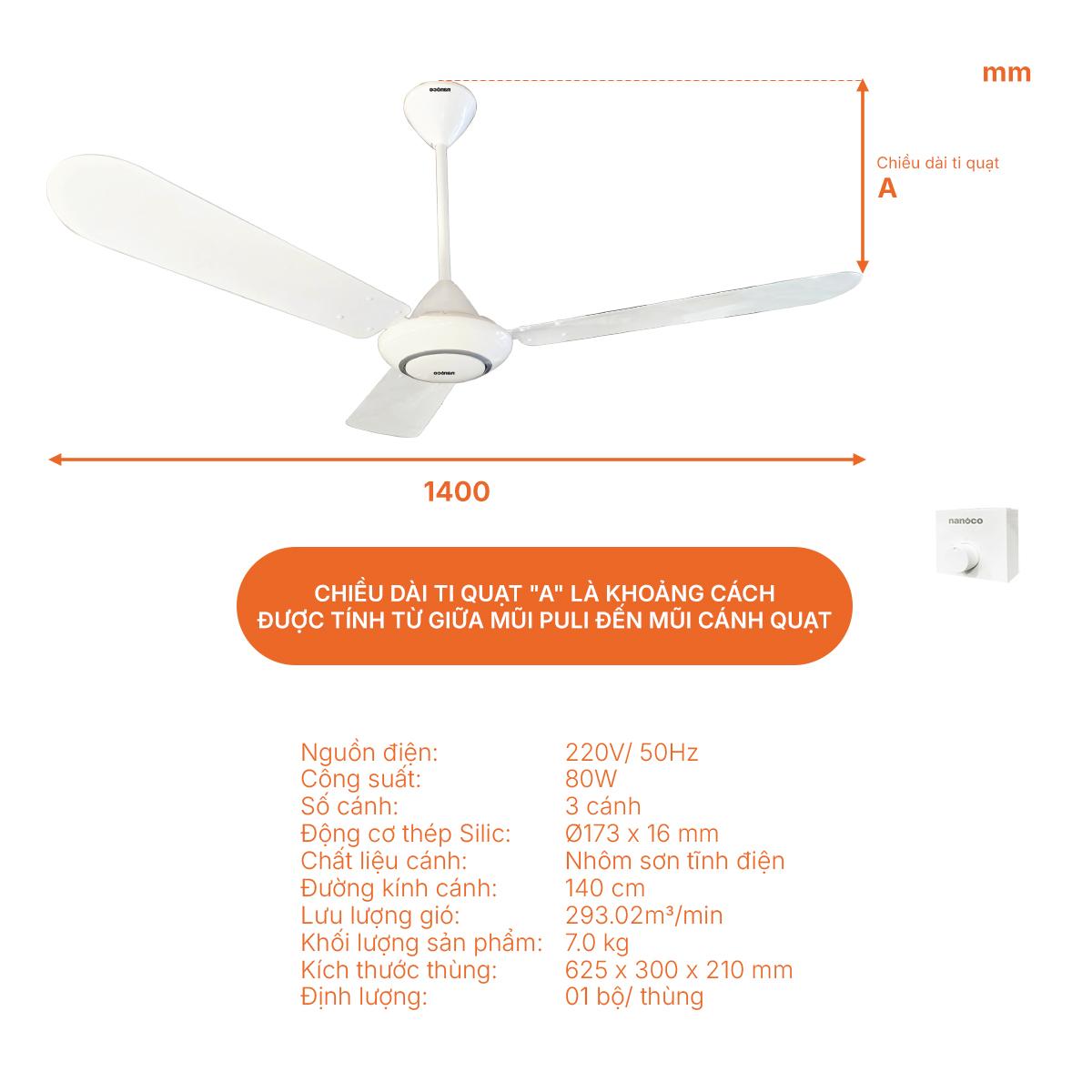 Quạt trần 3 cánh nhôm, ti 40 cm