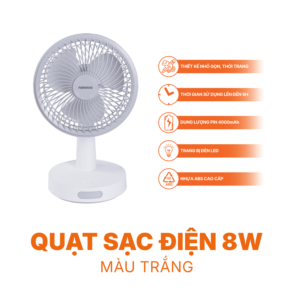 Quạt sạc 8inch, màu trắng, có xoay, đèn