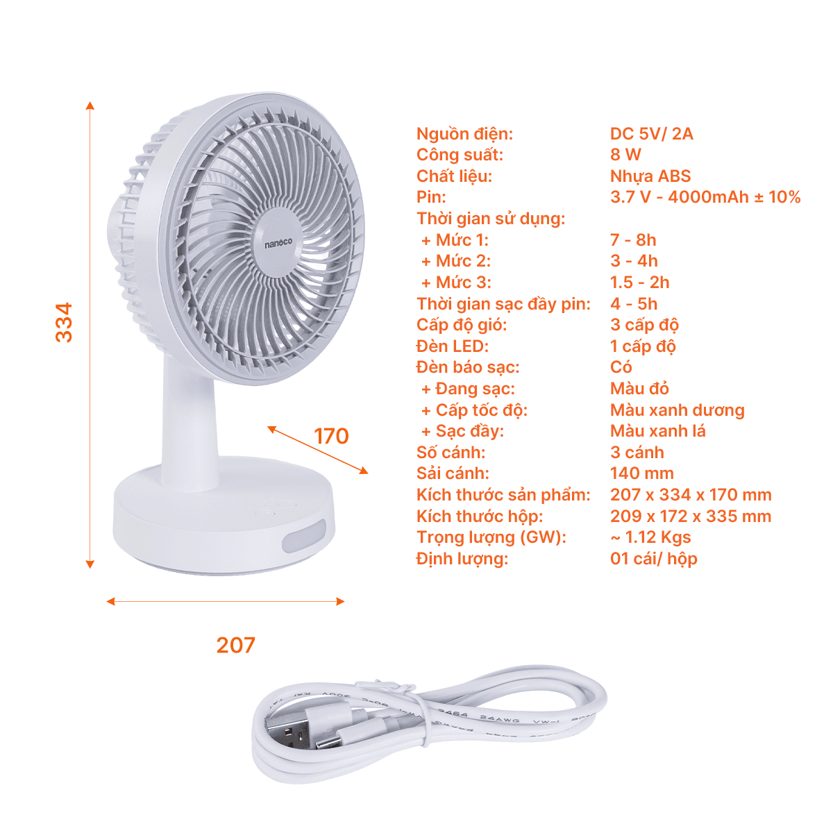 Quạt sạc 8inch, màu trắng, có xoay, đèn