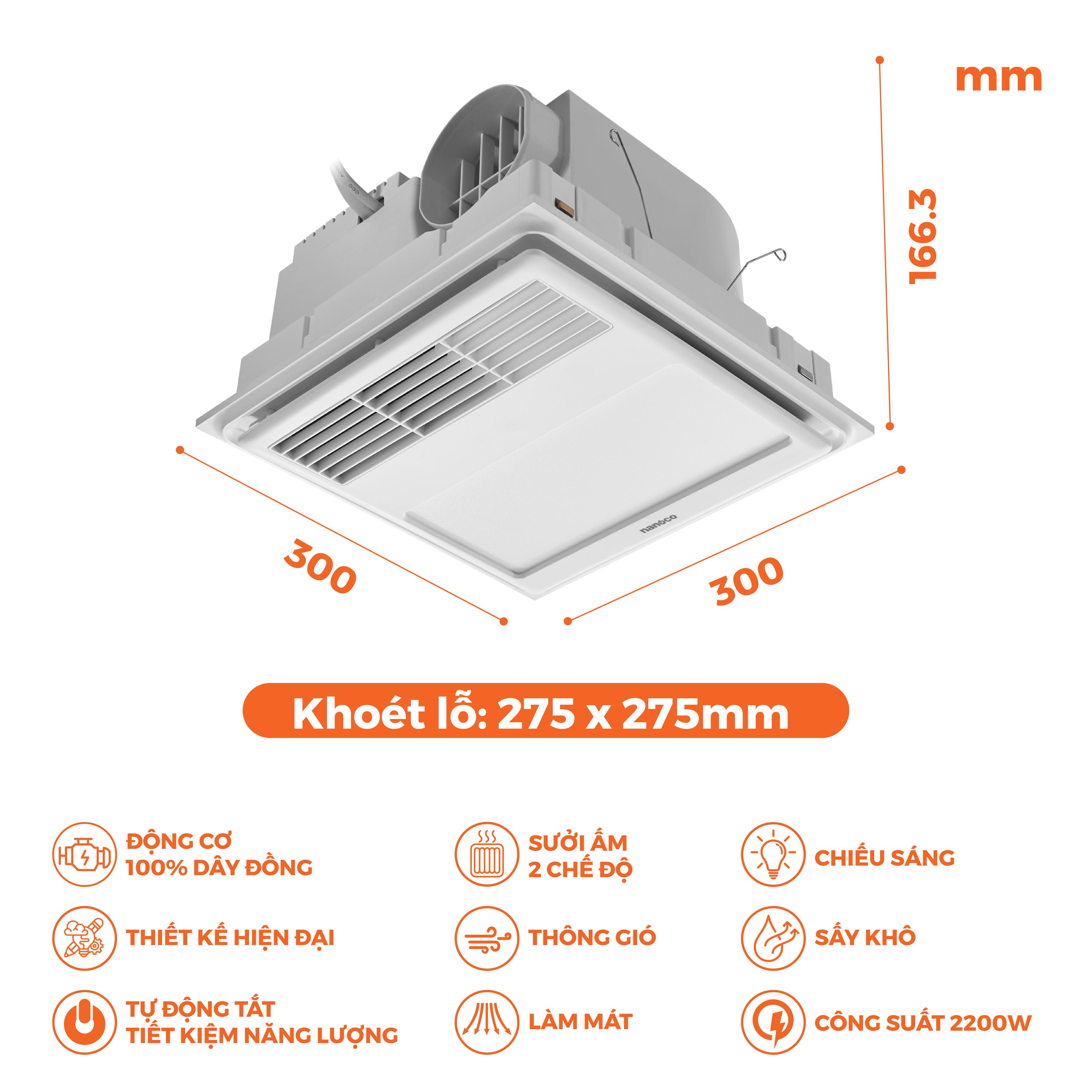 Máy hút sưởi 5in1, có remote, lỗ khoét 275x275 mm