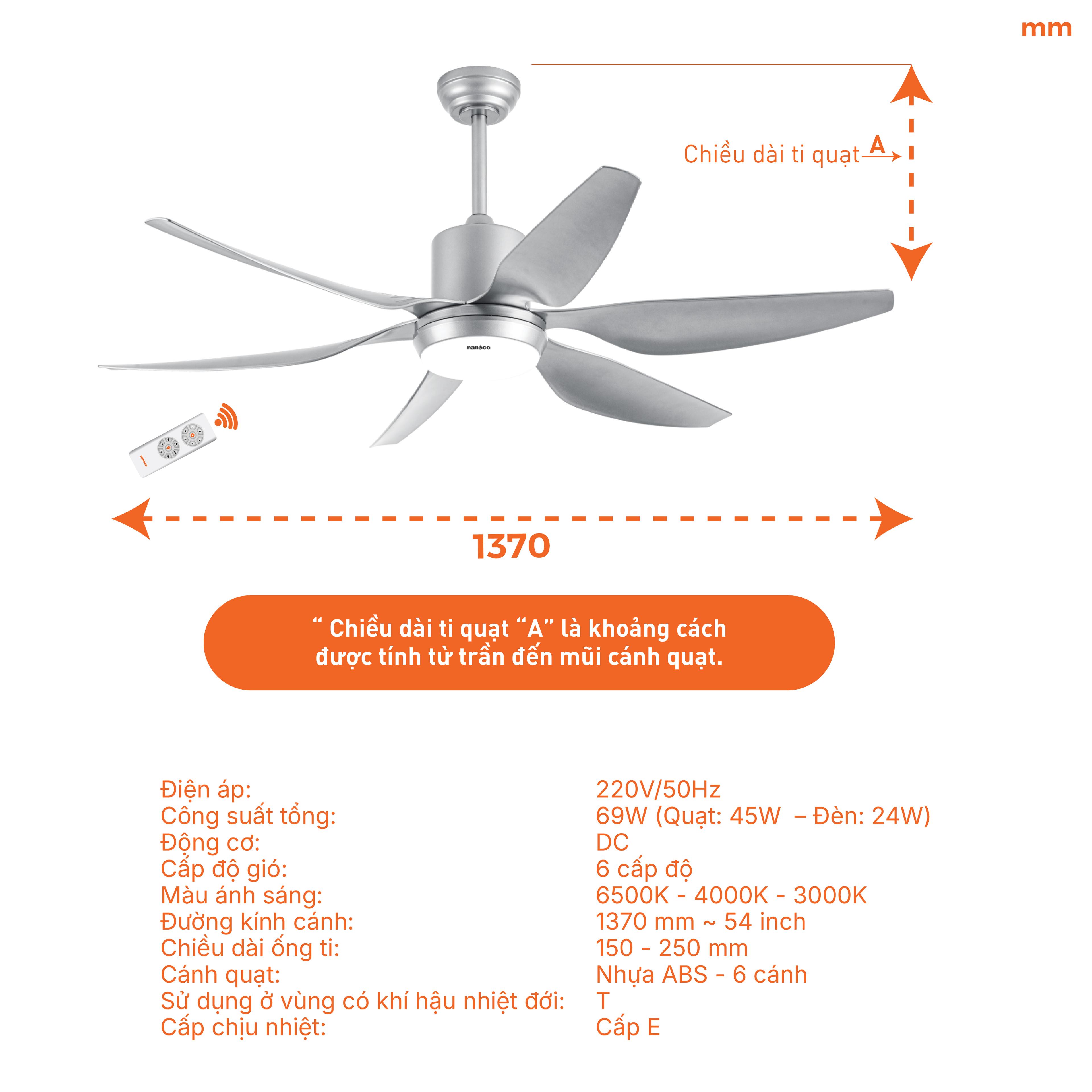 Quạt trần 6 cánh - Đèn Led