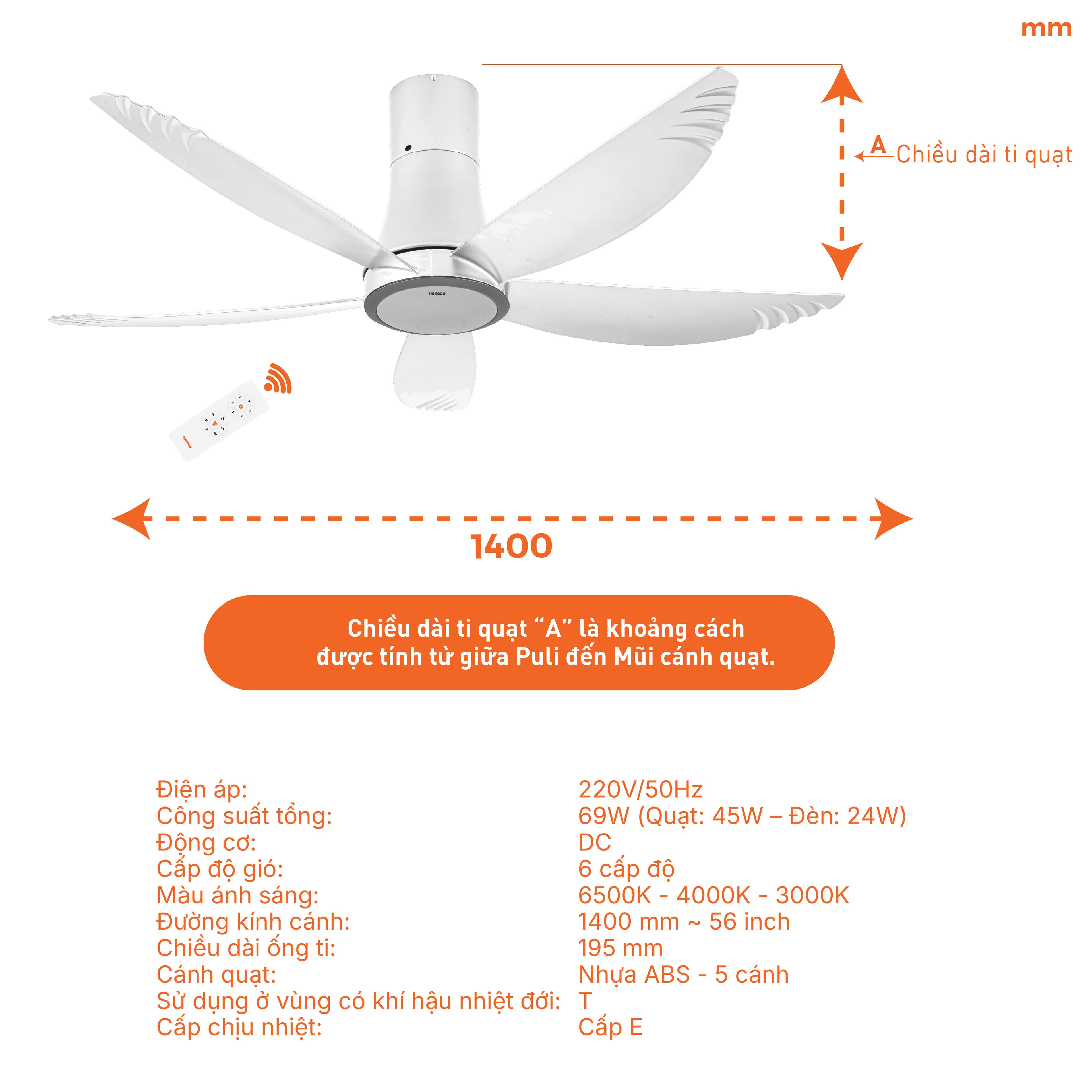 Quạt trần 5 cánh - Đèn Led