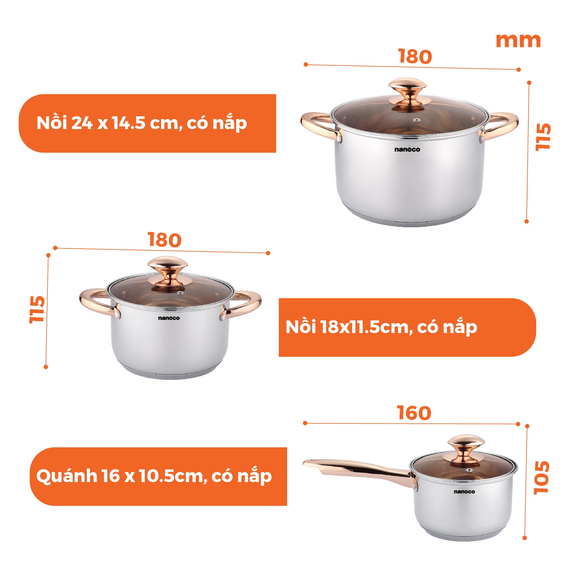 Bộ nồi chảo inox 304, D16-D-18-D24, D24