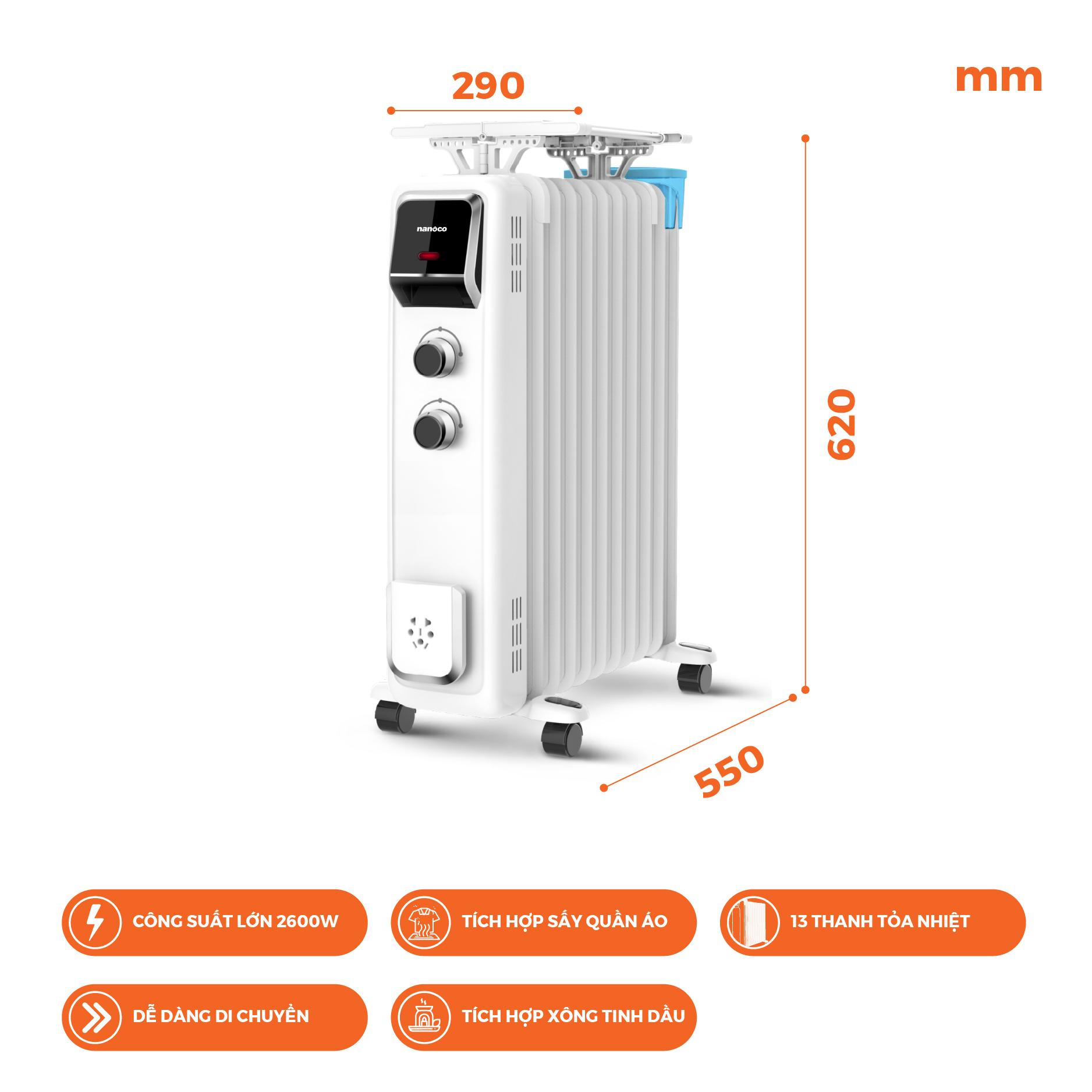Máy sưởi dầu 2600W, 13 thanh nhiệt, nút vặn