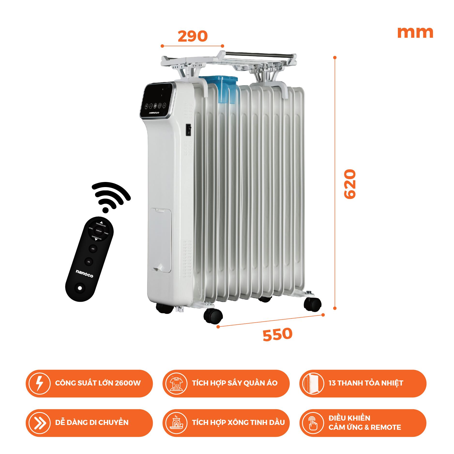 Máy sưởi dầu 2600W, 13 thanh nhiệt, cảm ứng - remote