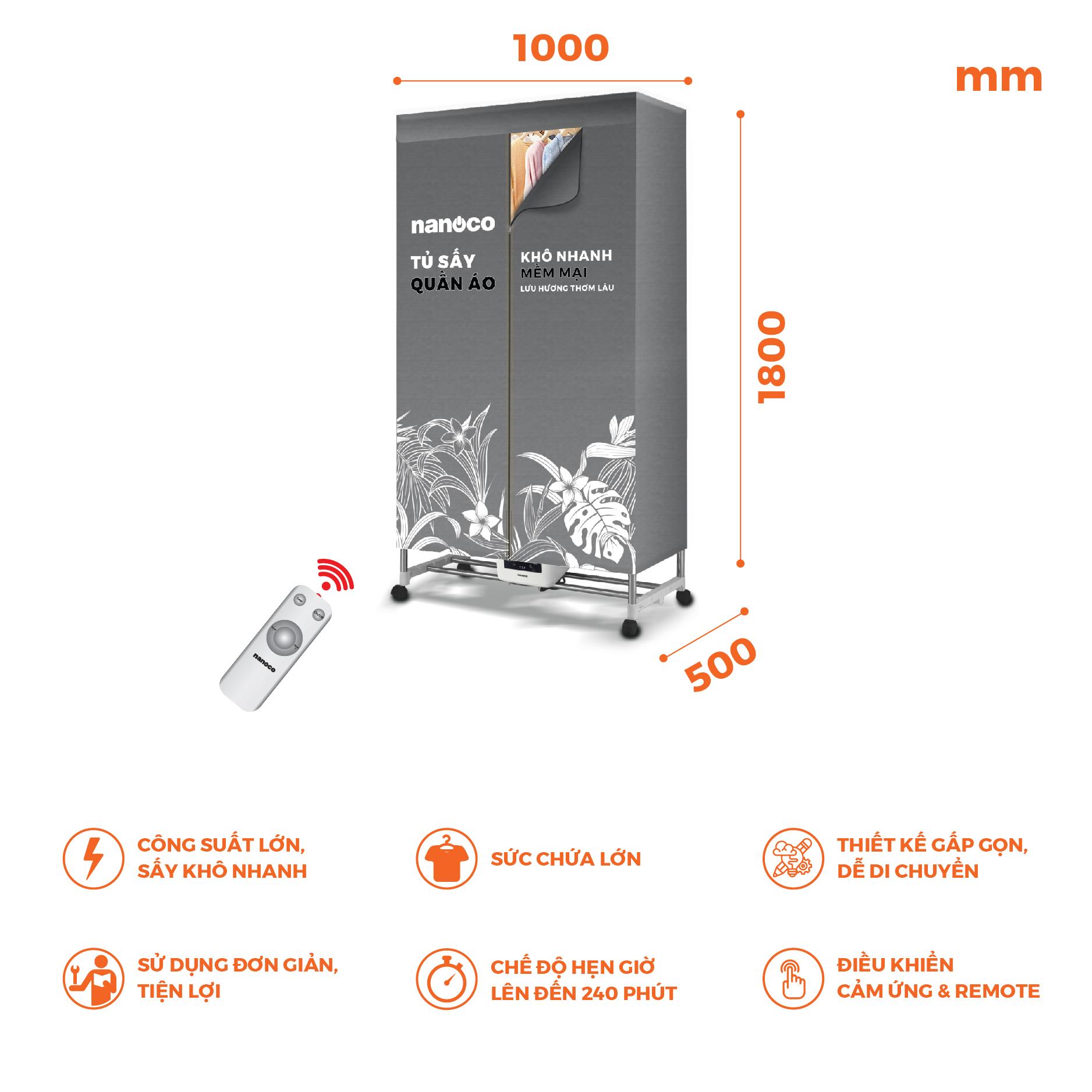 Tủ sấy quần áo 2000W, điều khiển cảm ứng - remote