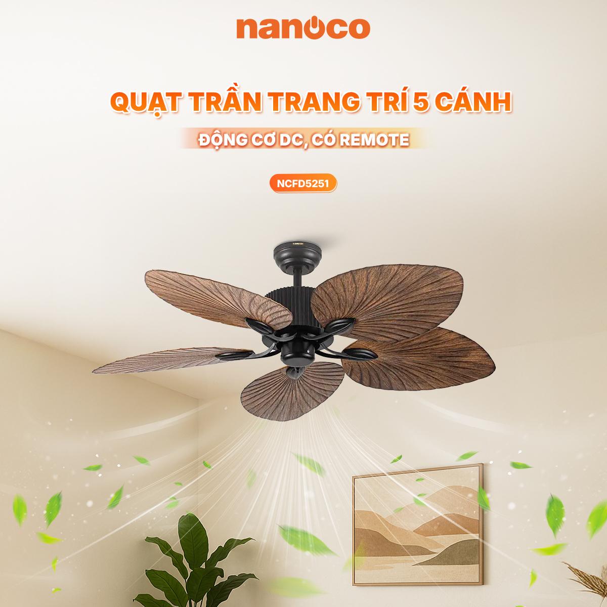 Quạt trần trang trí 5 cánh, động cơ DC, có remote