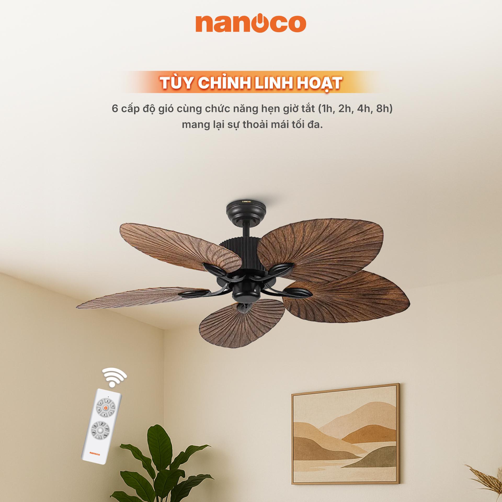 Quạt trần trang trí 5 cánh, động cơ DC, có remote