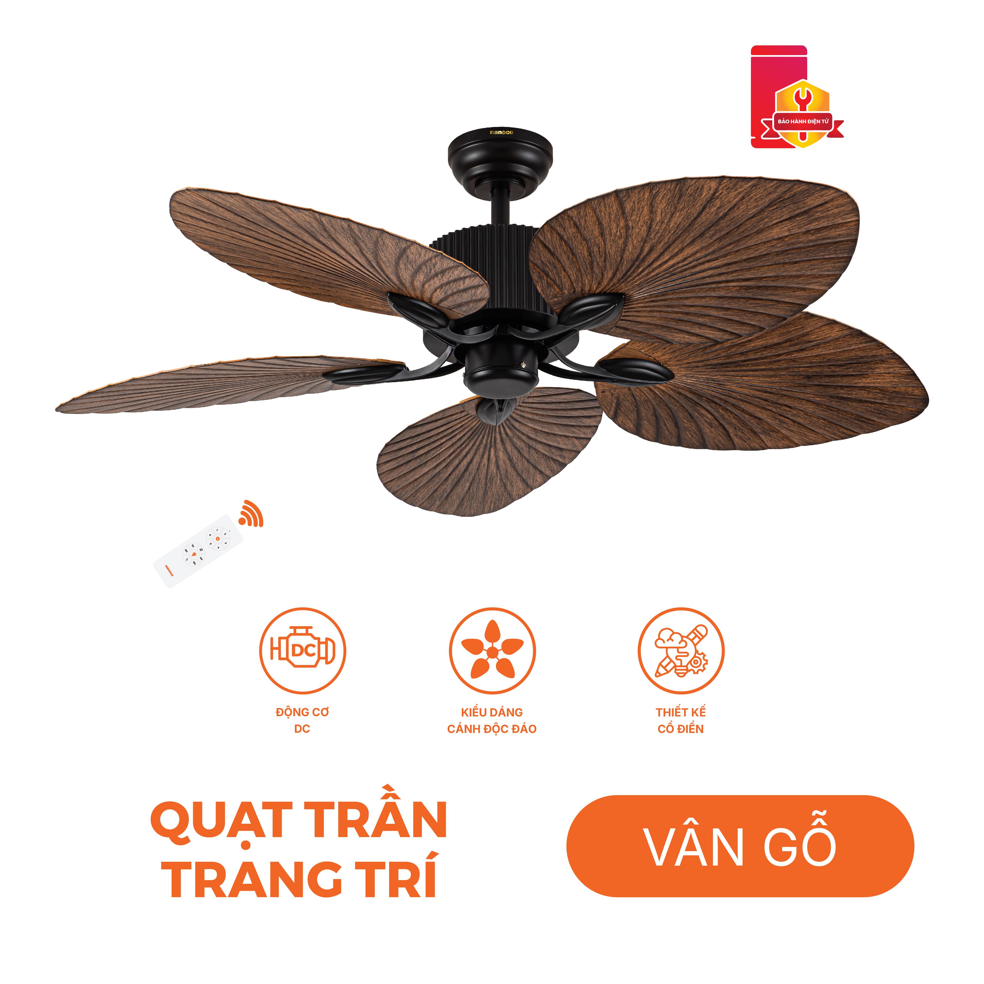 Quạt trần trang trí 5 cánh, động cơ DC, có remote