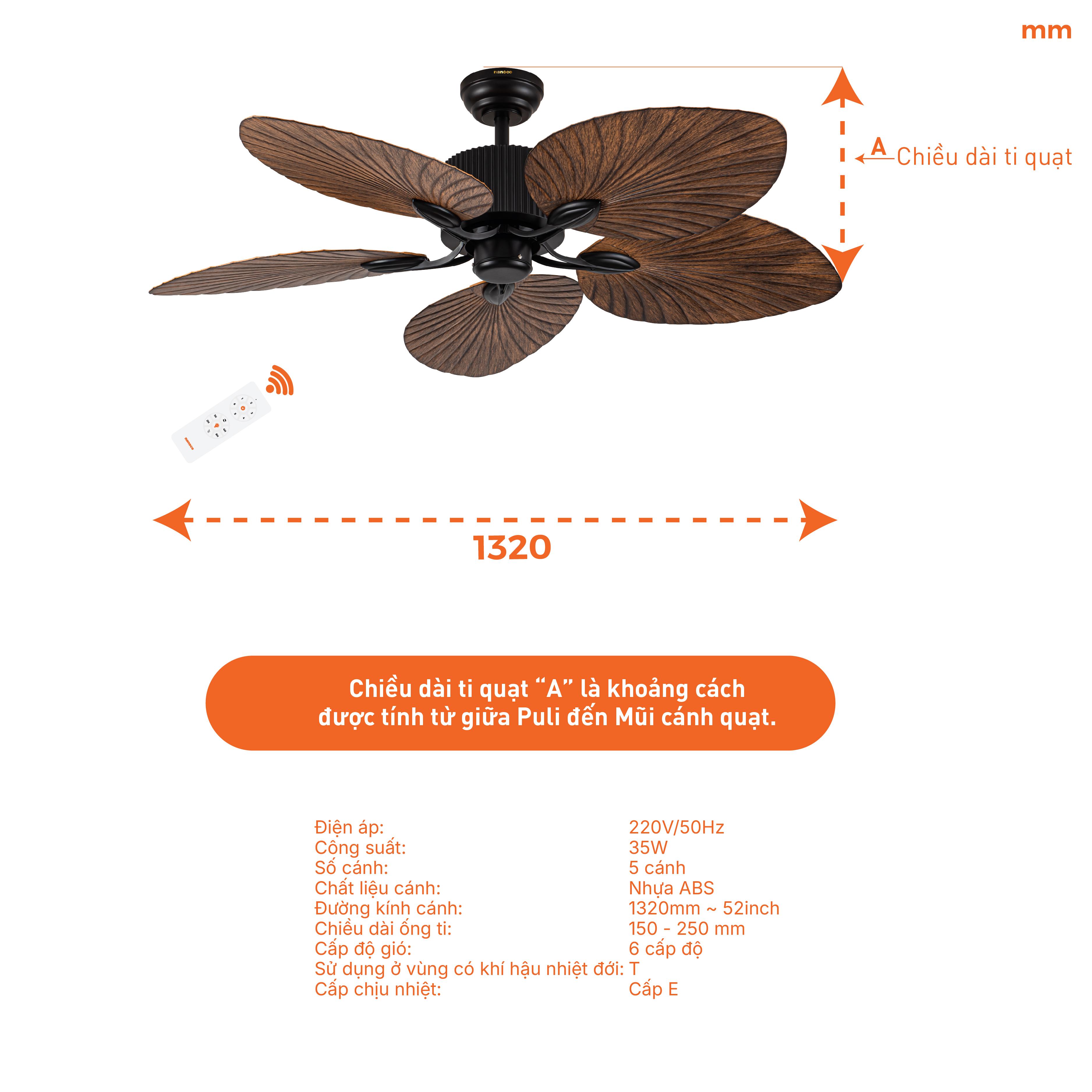 Quạt trần trang trí 5 cánh, động cơ DC, có remote