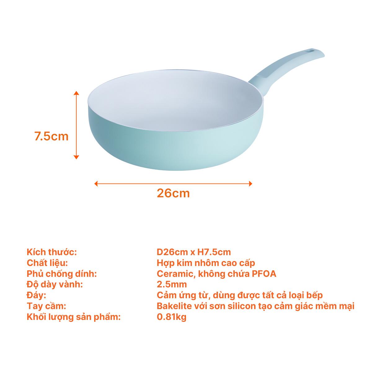 Chảo đơn chống dính lòng sâu, D26, 2.5mm