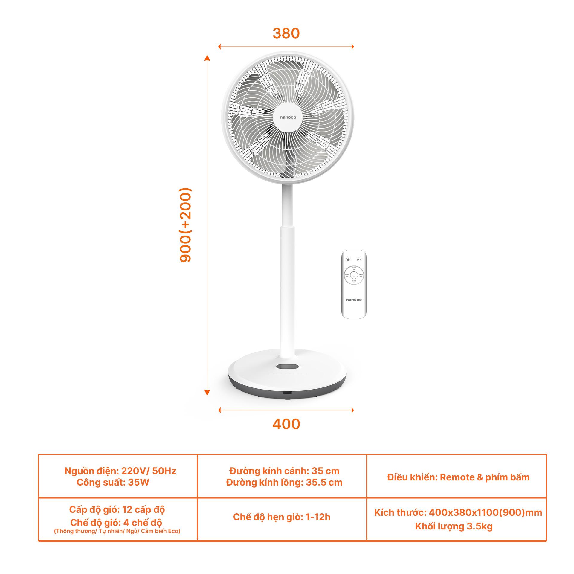 Quạt đứng nanoco, động cơ BLDC, NEF1499