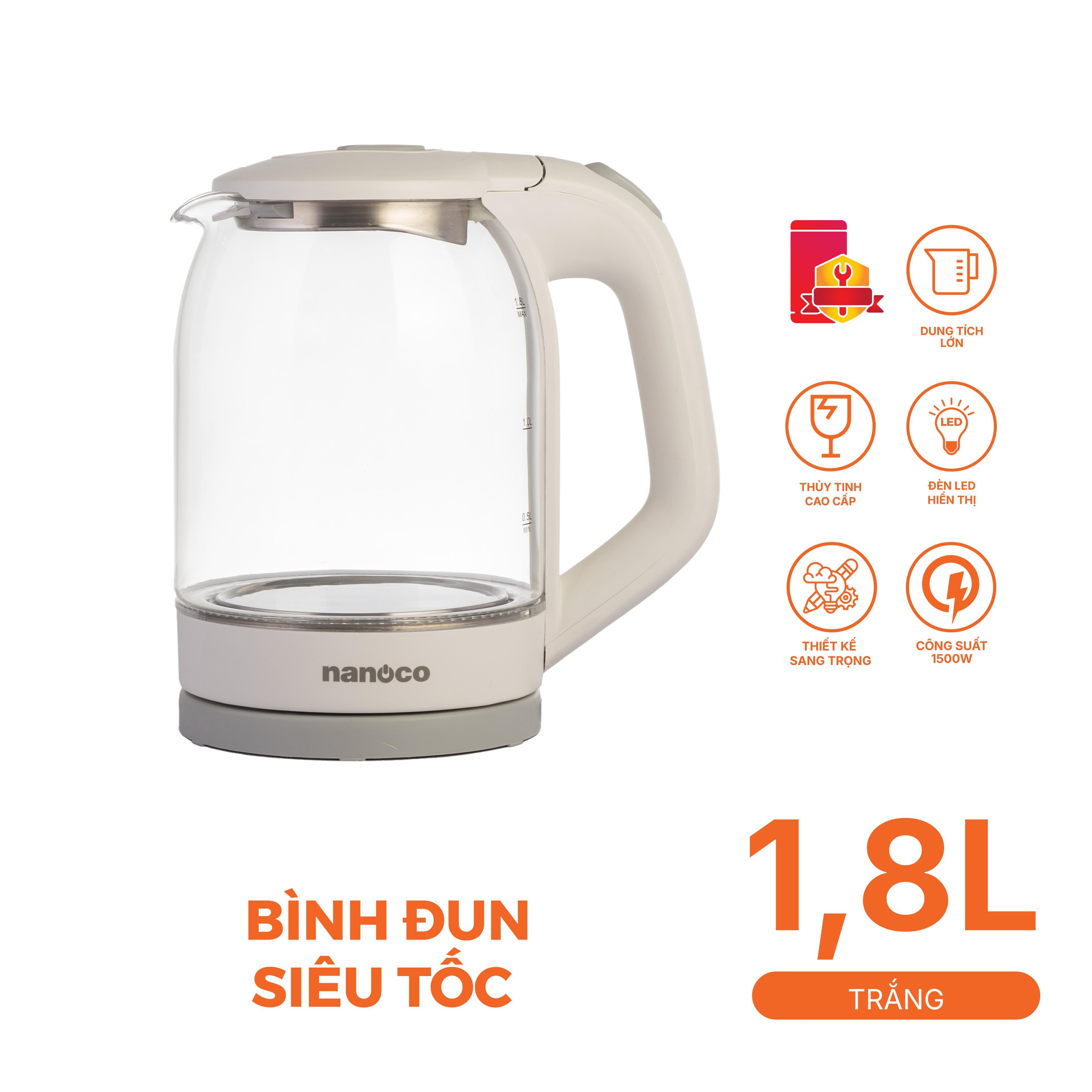 Bình đun siêu tốc thủy tinh 1.8L trắng