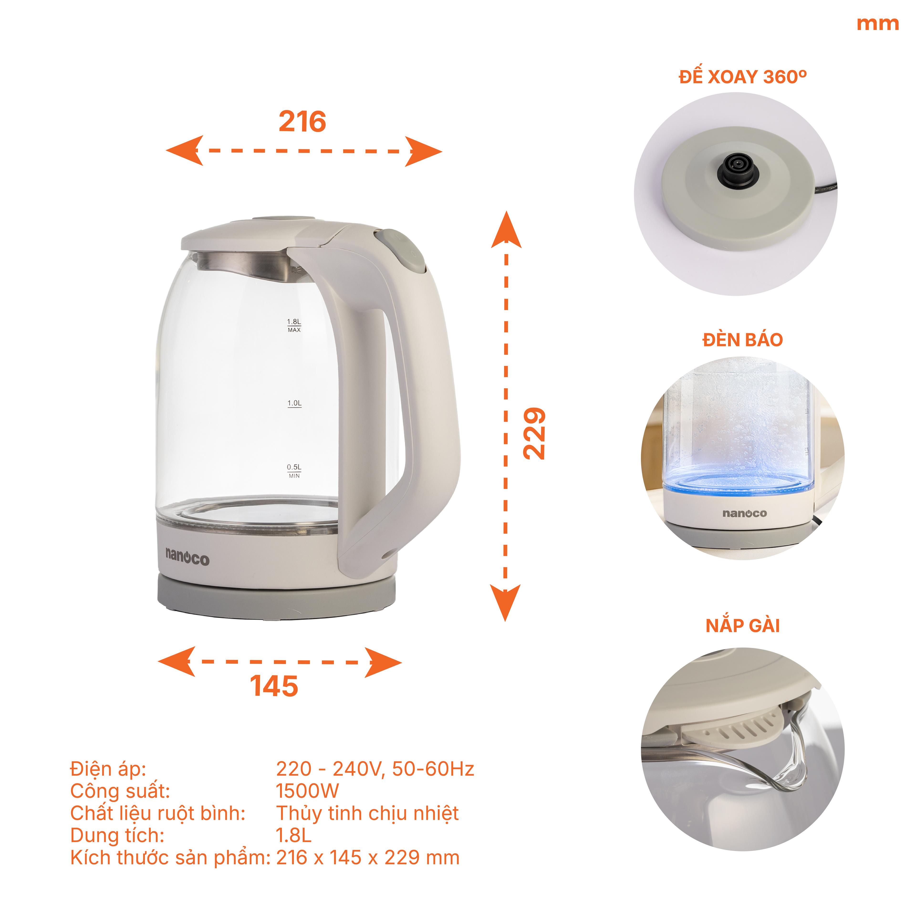 Bình đun siêu tốc thủy tinh 1.8L trắng