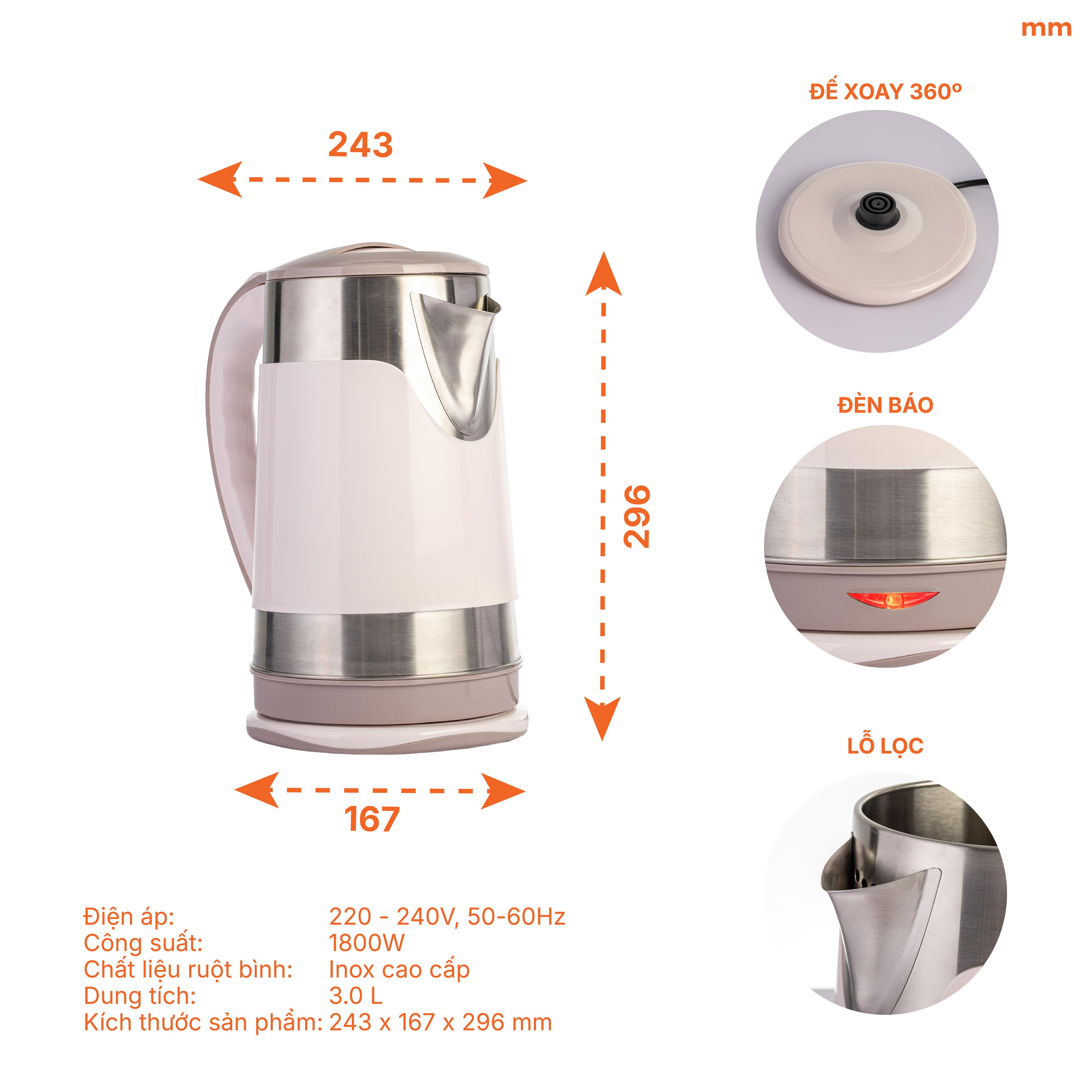 Bình đun siêu tốc inox, 3L, 2 lớp