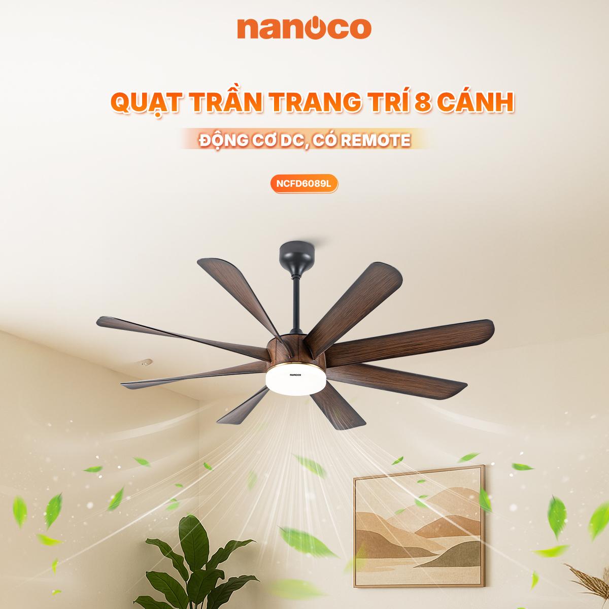 Quạt trần trang trí 8 cánh, DC, Đèn Led, remote