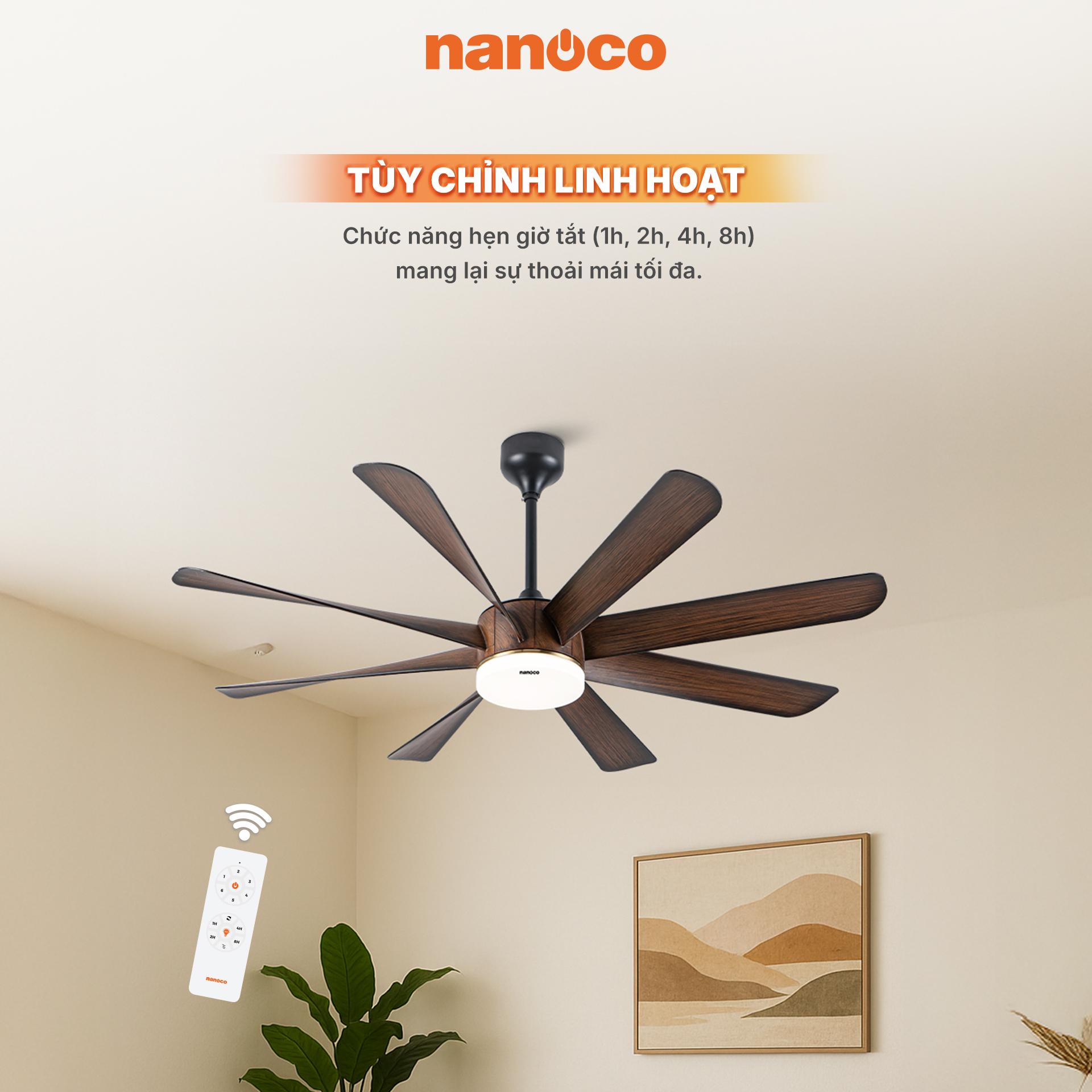 Quạt trần trang trí 8 cánh, DC, Đèn Led, remote