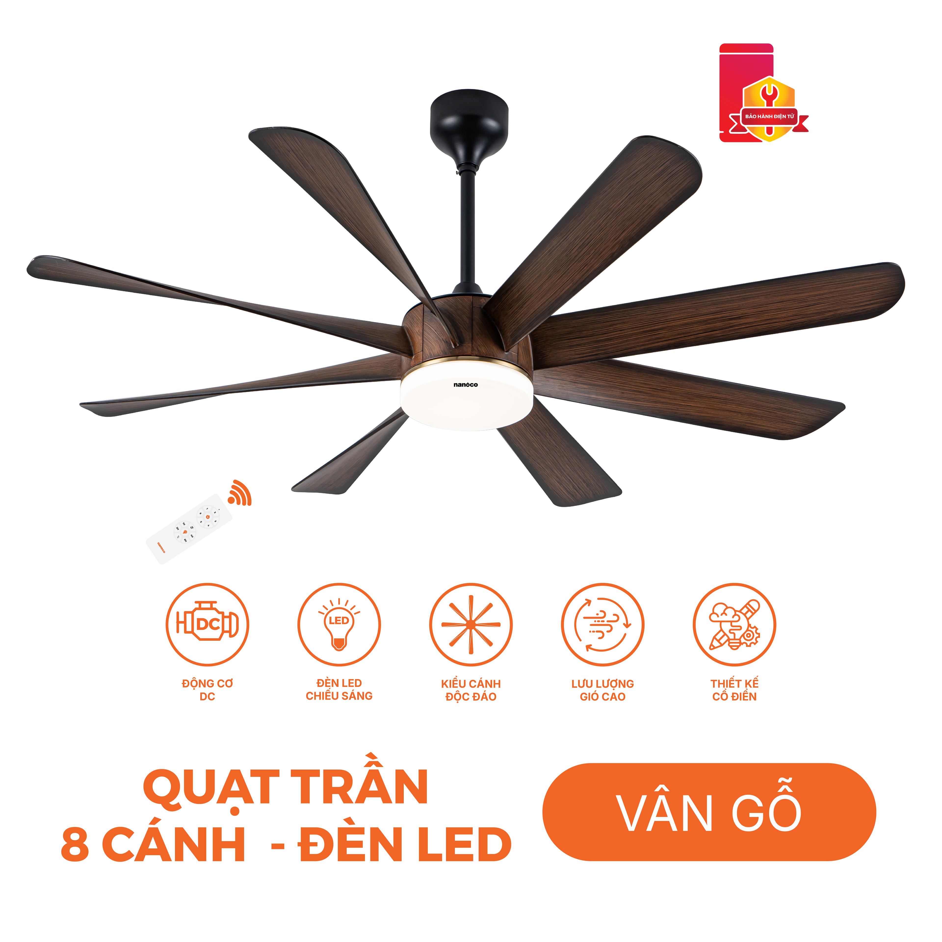 Quạt trần trang trí 8 cánh, DC, Đèn Led, remote