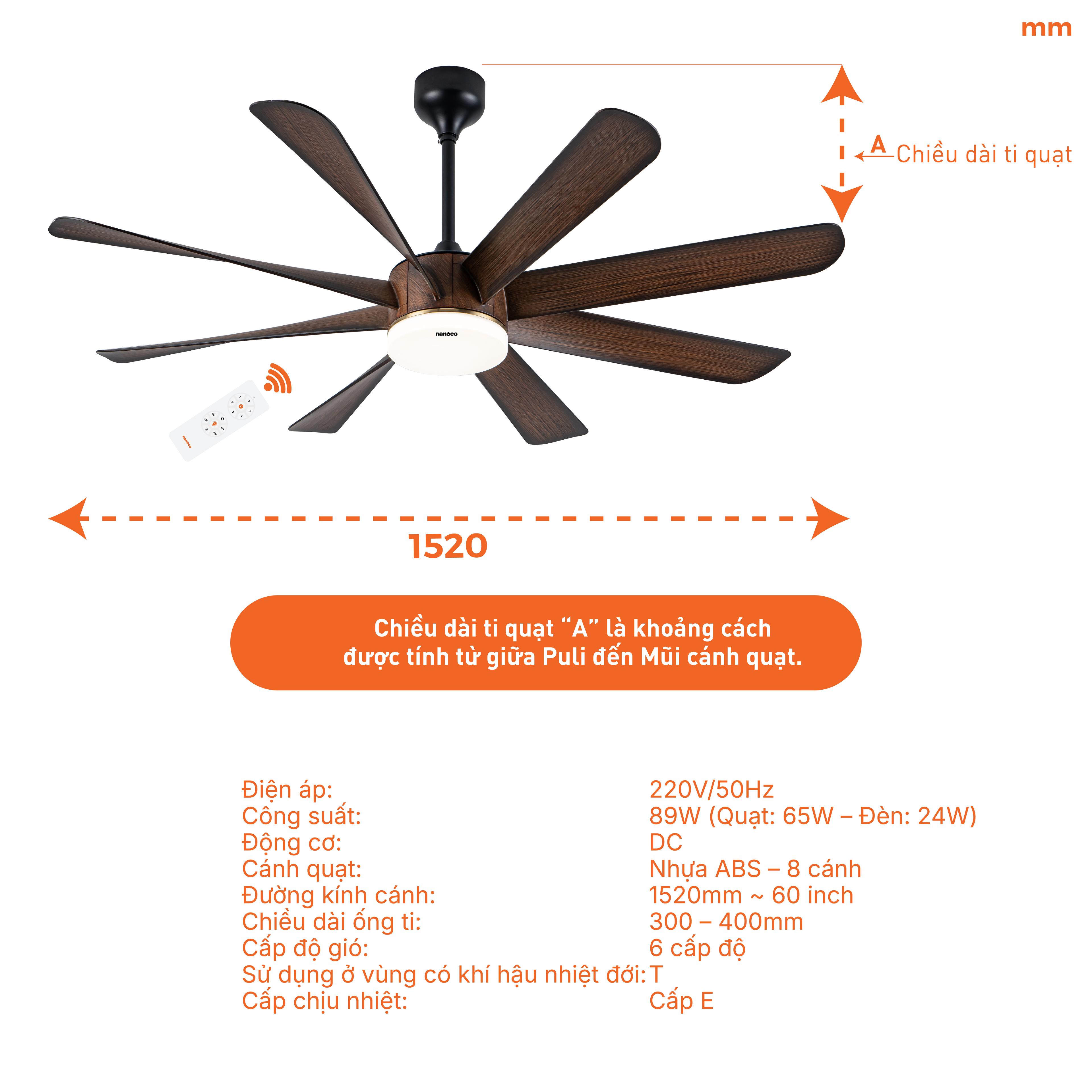 Quạt trần trang trí 8 cánh, DC, Đèn Led, remote