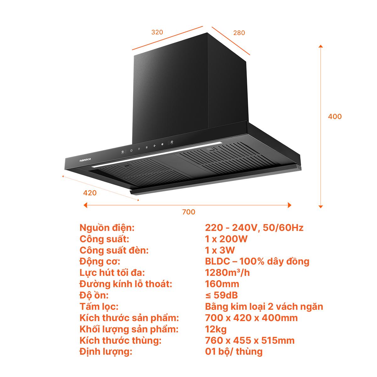 T-Shape Range Hood, 70 cm, NRH702B