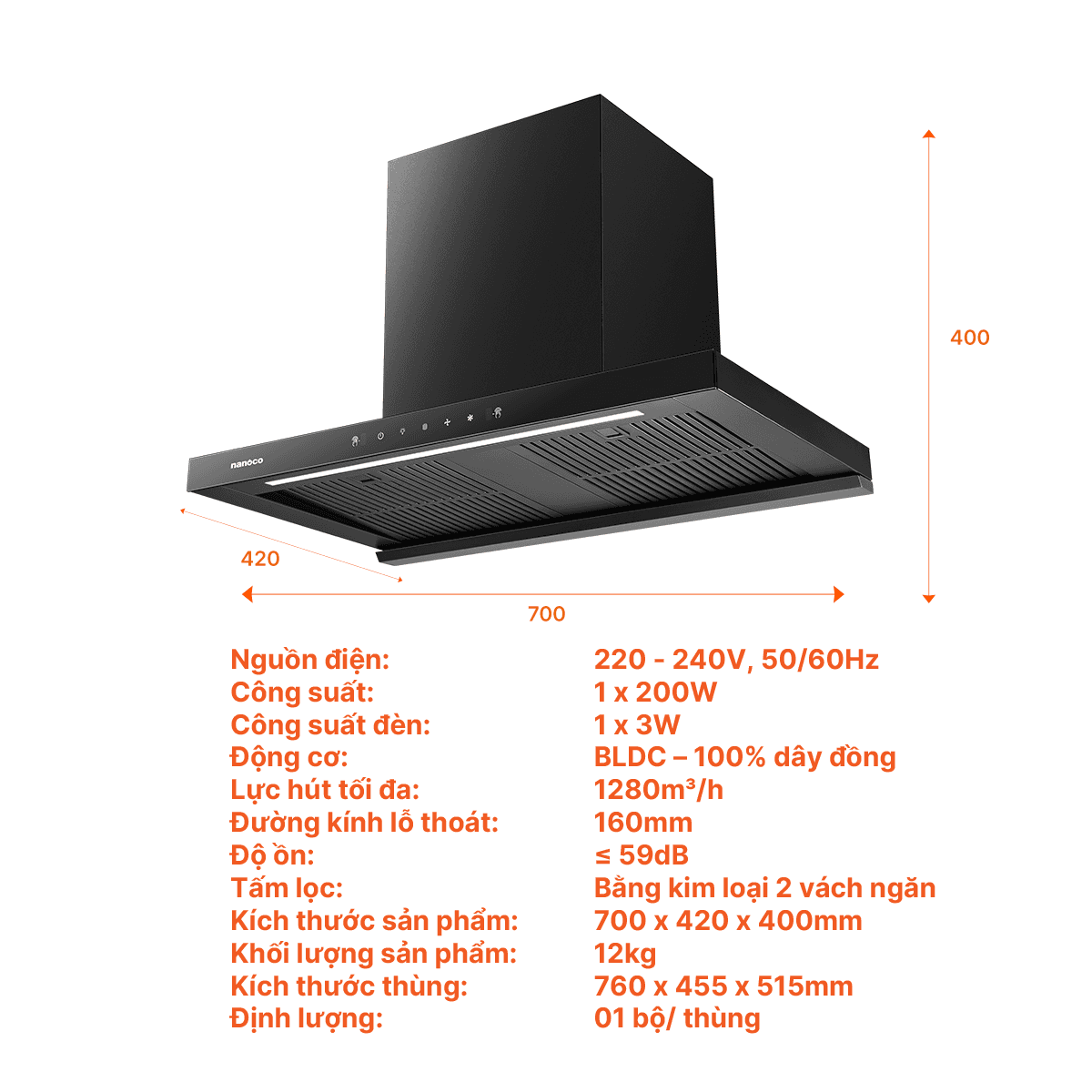 Hút mùi T-Shape, 70 cm, hút mùi NRH702B