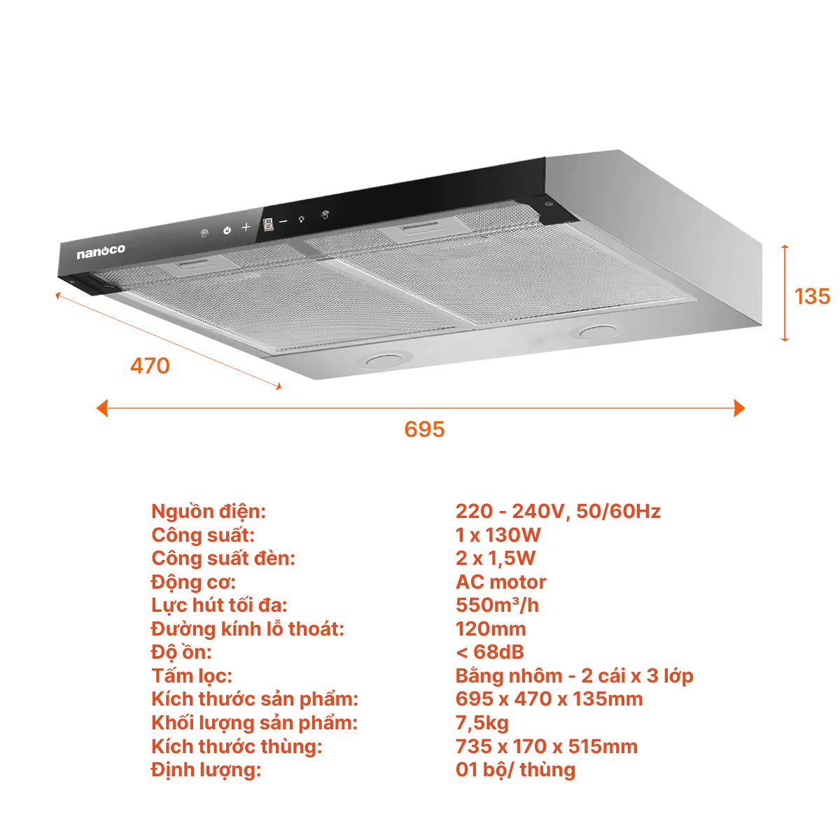Hút mùi classic, 70 cm, hút mùi NRH703M