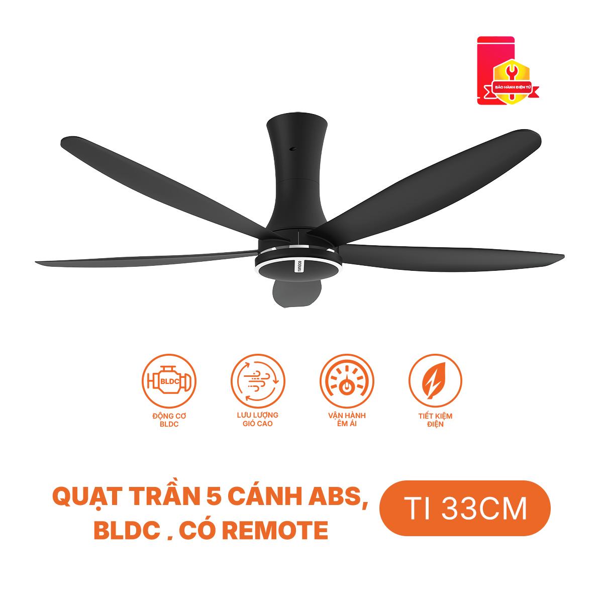 Quạt trần 5 cánh nhựa, động cơ BLDC, ti 33cm