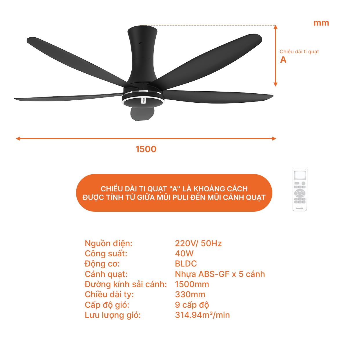 Quạt trần 5 cánh nhựa, động cơ BLDC, ti 33cm