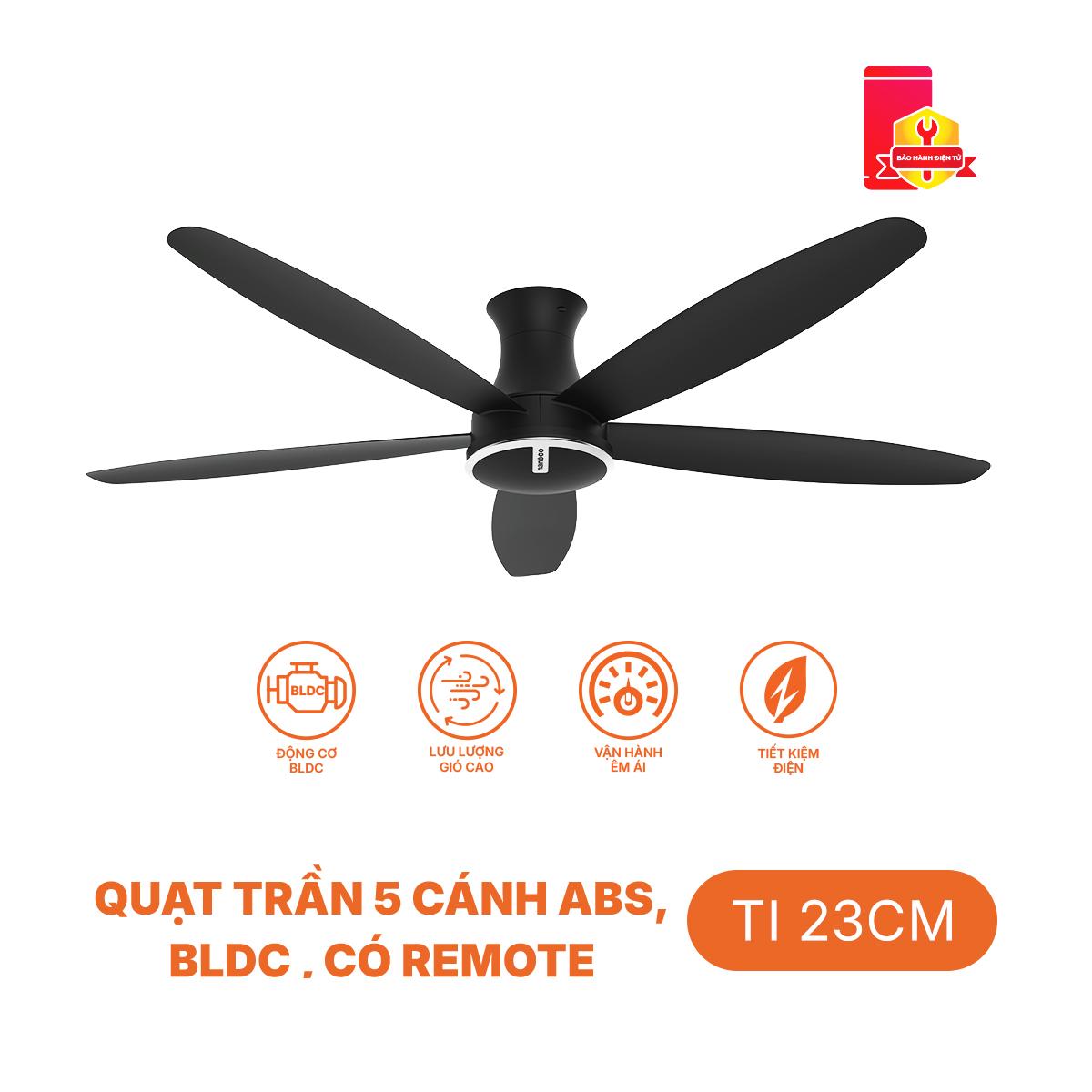 Quạt trần 5 cánh nhựa, động cơ BLDC, ti 23cm