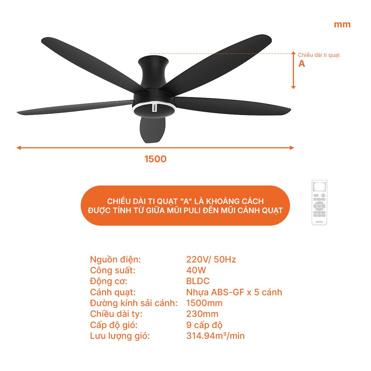 Quạt trần 5 cánh nhựa, động cơ BLDC, ti 23cm