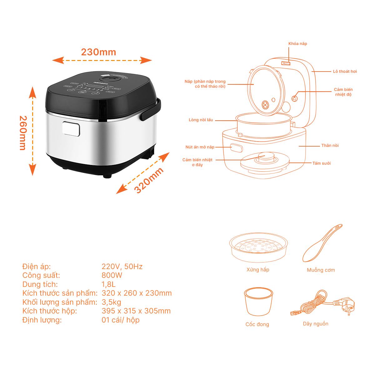 Nồi cơm điện nắp gài, 1.8L, màu đen