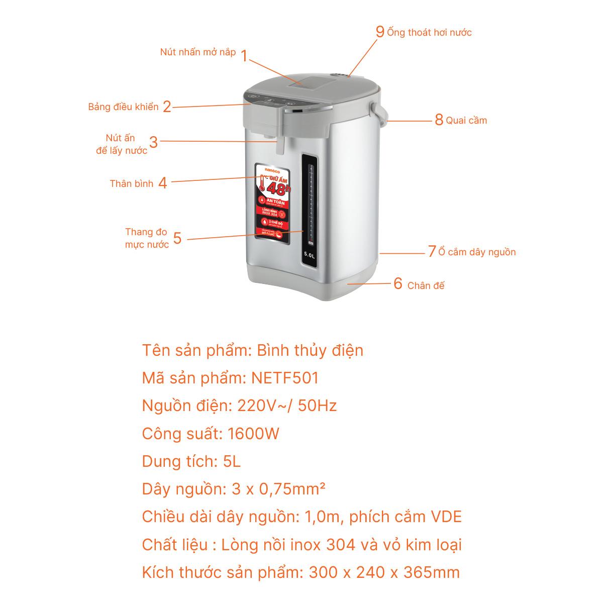 Bình thủy điện, 5.0L, màu xám, NETF501