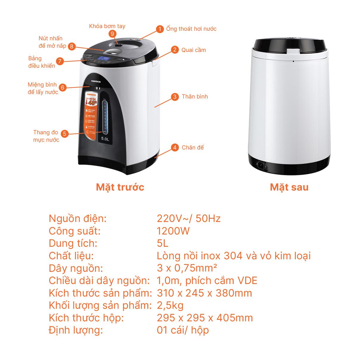 Bình thủy điện, 5.0L, màu trắng, NETF502