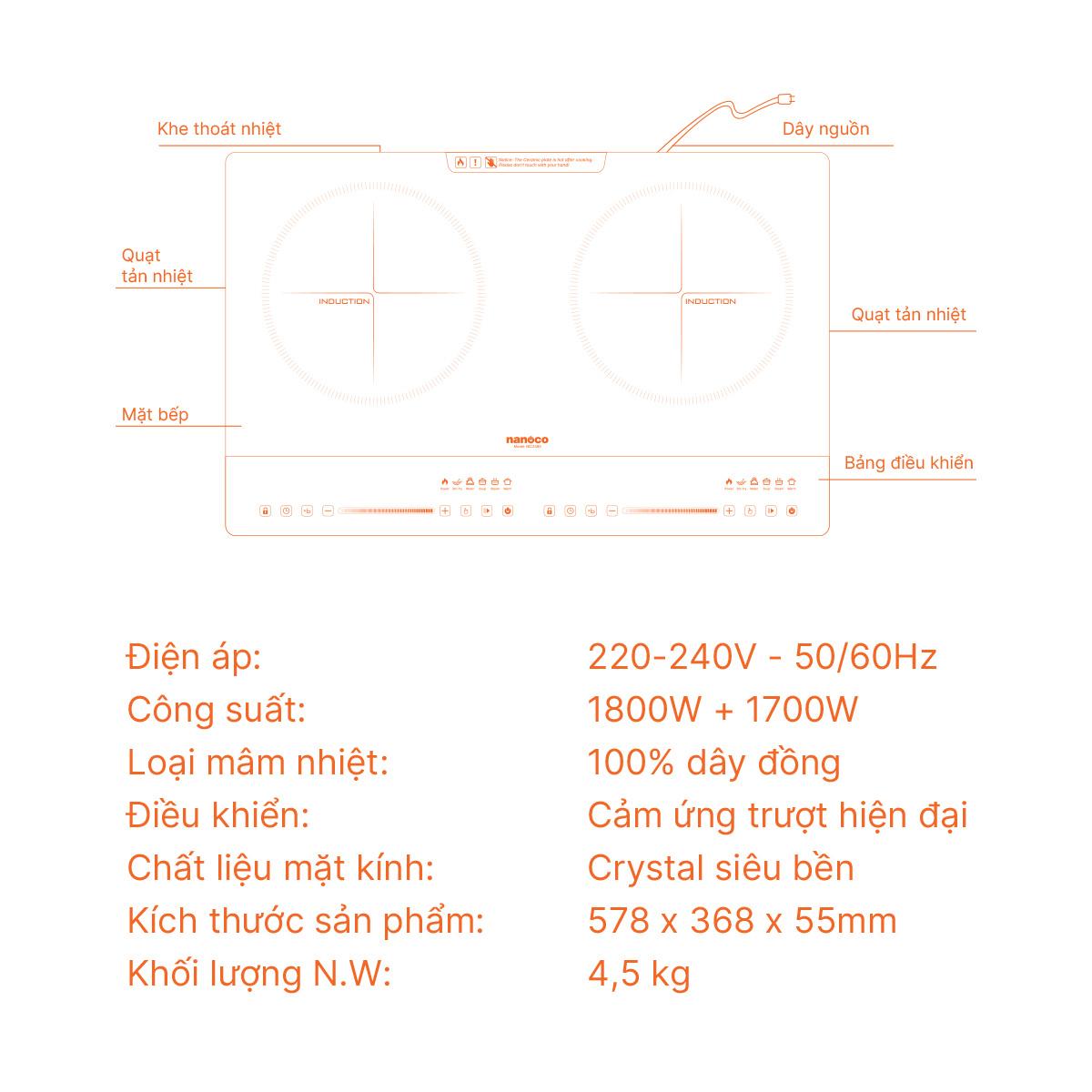 Bếp điện từ đôi Nanoco, NICZ485