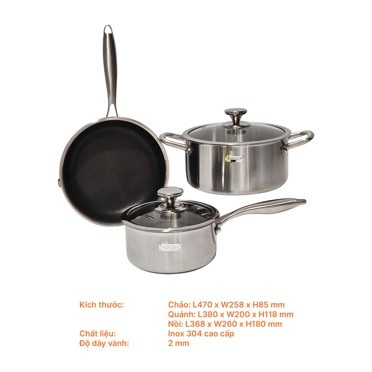Bộ nồi chảo inox 304, 3 lớp, 2mm