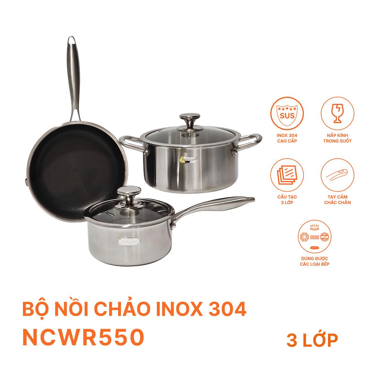 Bộ nồi chảo inox 304, 3 lớp, 2mm