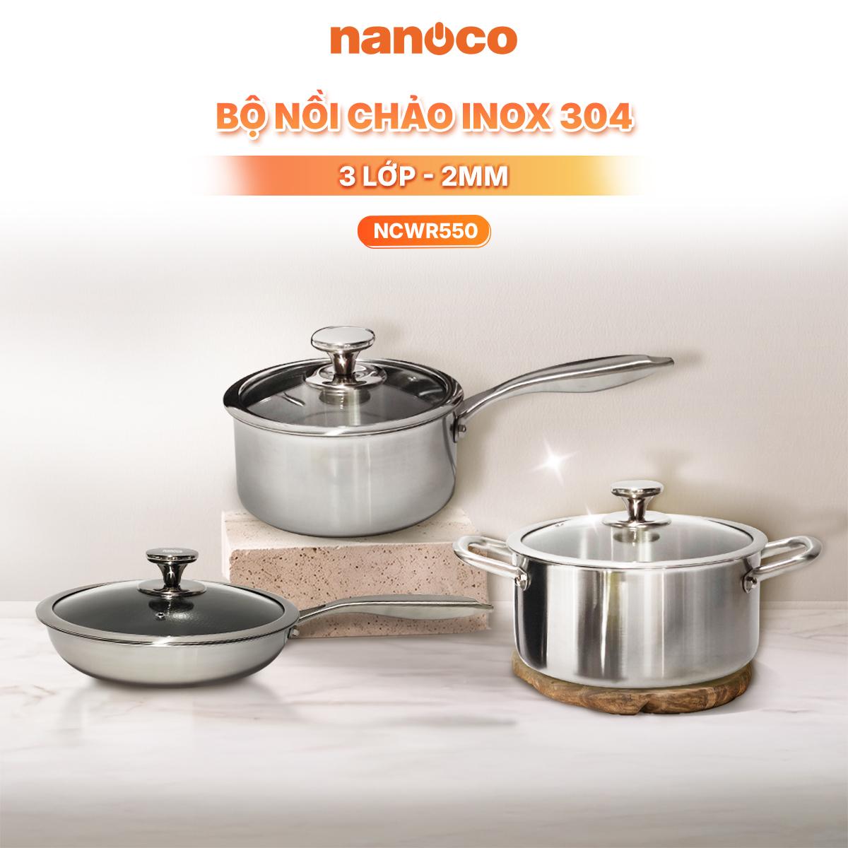 Bộ nồi chảo inox 304, 3 lớp, 2mm