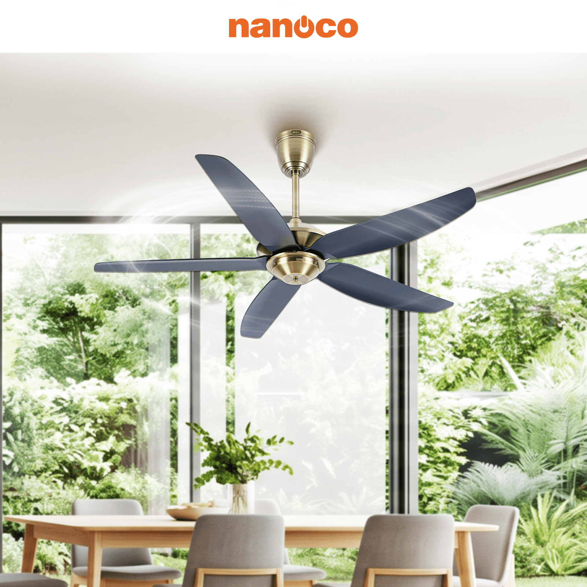 Quạt trần trang trí 5 cánh nhựa, màu đen, động cơ DC, remote